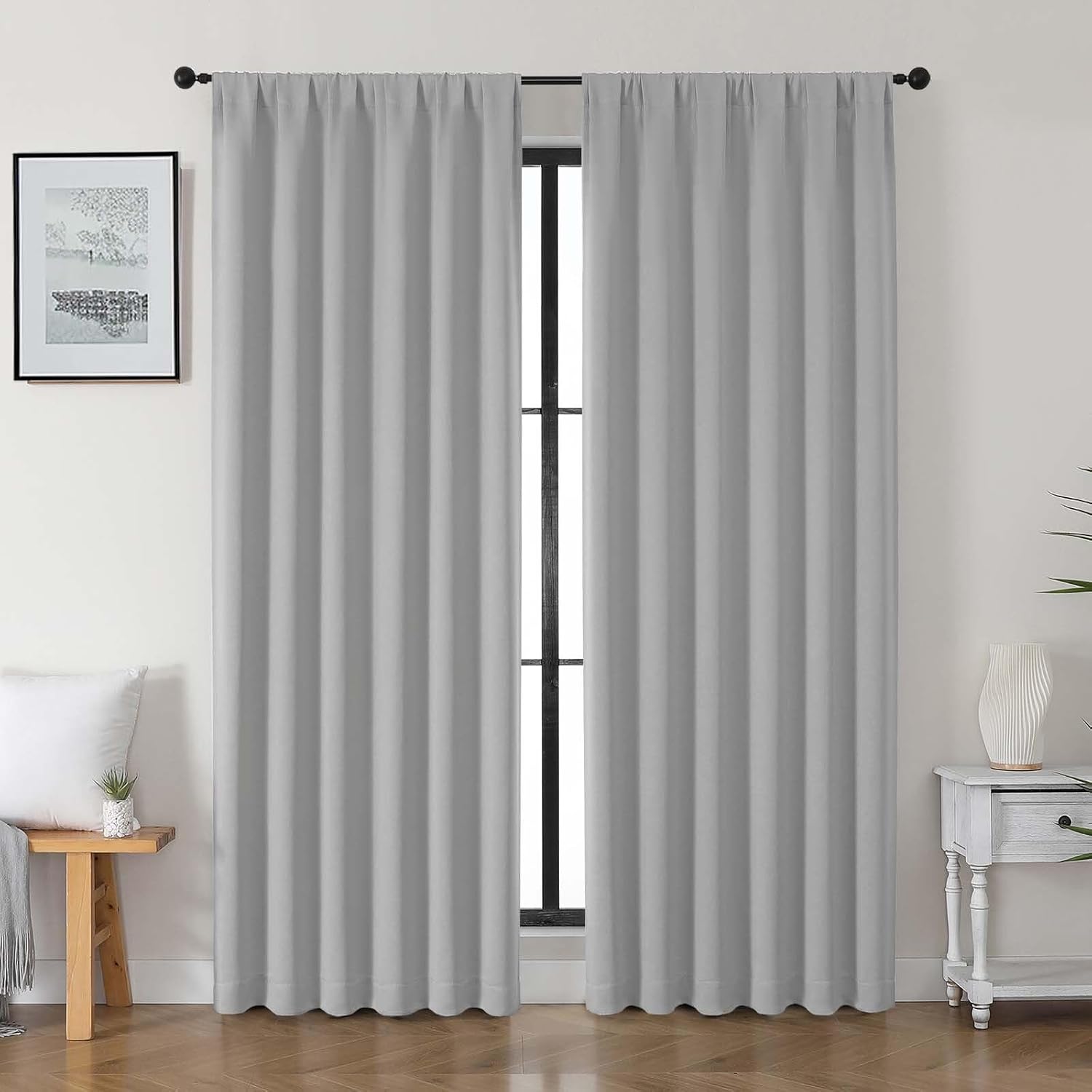 Gwine Silver Grey Blackout Curtains for Bedroom 84 inches Long 2 Panels Set, Solid Noise Reducing Thermal Insulated Blackout Curtains for…