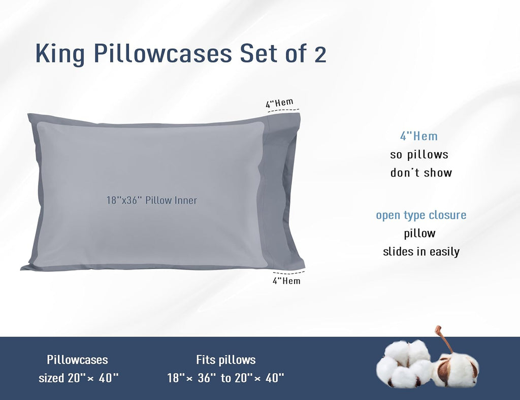Homtec Pillow Cases, King Size Cotton Percale Weave Pillowcases, Pre-Shrunk Breathable and Hypoallergenic Pillowcases, Set of 2 (2 Piece Ki…