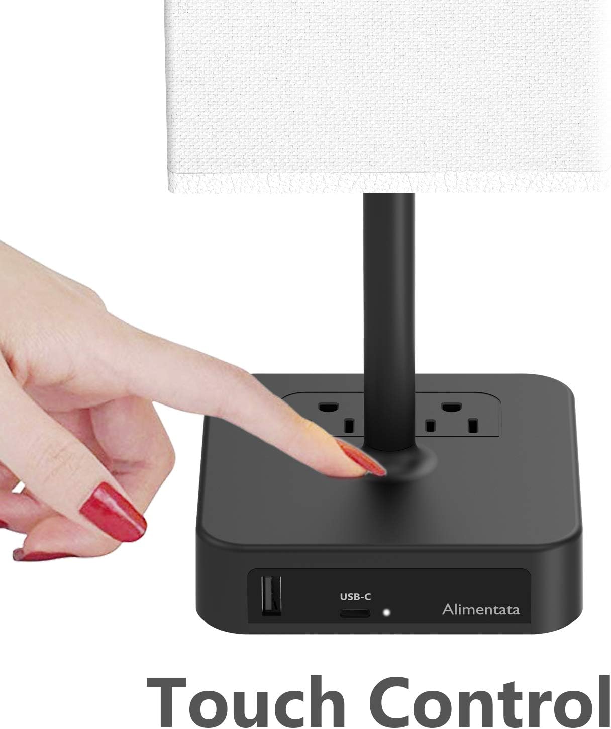 Bedside Table Lamp with Touch Control & USB C+A Charging Ports LED Desk Lamp with 2 AC Outlets, Minimalist Nightstand Light with Black…