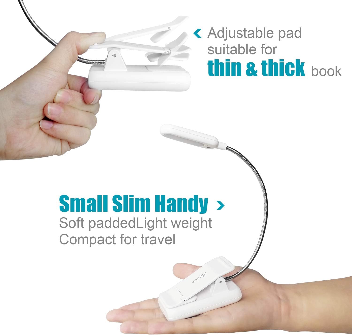 VAVOFO Book Light, Rechargeable Clip On Reading Light 7 LEDs with 9 Brightness Levels for Bed and Desk Studying (White 2-Pack)