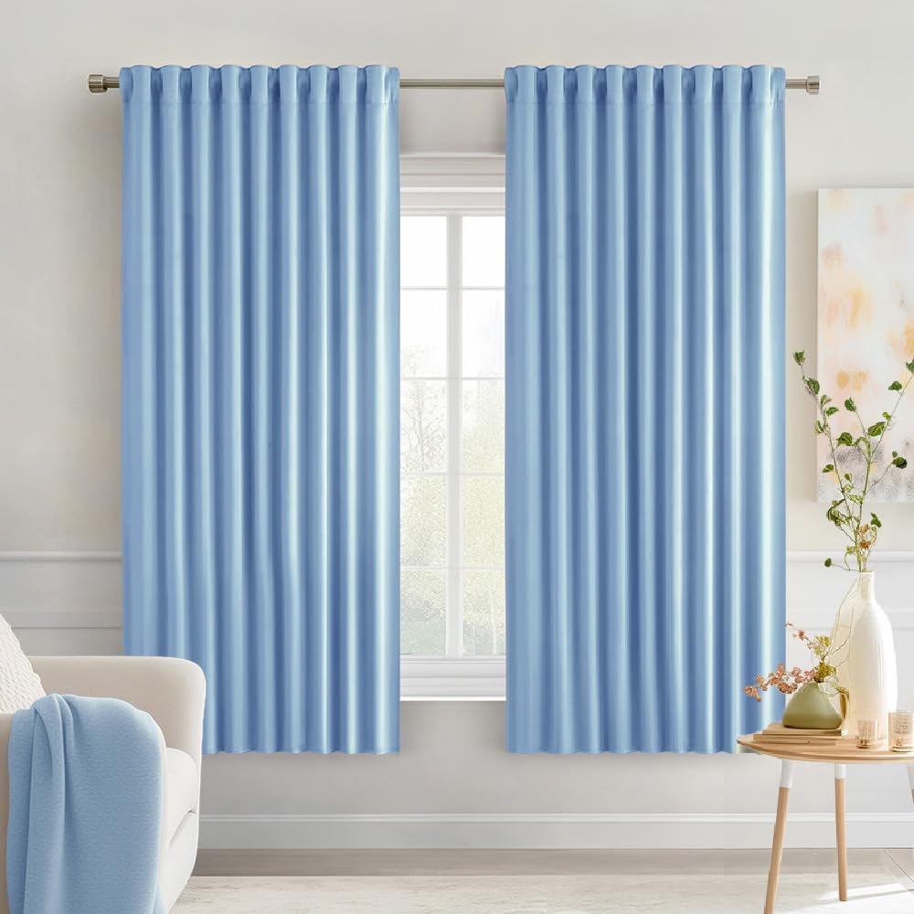 Miulee Sky Blue Back Tab Blackout Curtains 63 Inch Length 2 Panels Set for Living Room Bedroom Privacy, Rod Pocket/Pinch Pleat Thermal Insu…