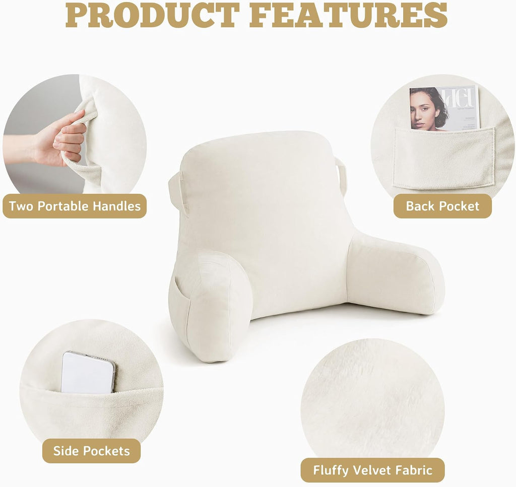 Unisakey Portable Comfy Reading Pillows for Bed Sitting Up(Beige Oeko-Tex), Velvet Back Pillow with Arms & Pockets for Adults, Support…