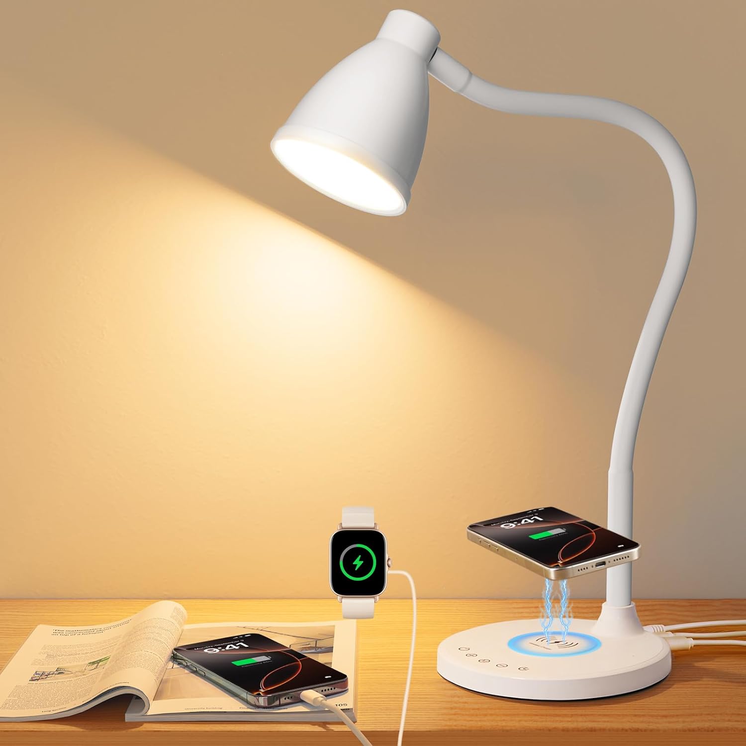 BOHON Desk Lamp for Home Office, LED Desk Light with USB C+A Charging Ports, Wireless Charger, 5 Colors Stepless Dimming Reading Light…