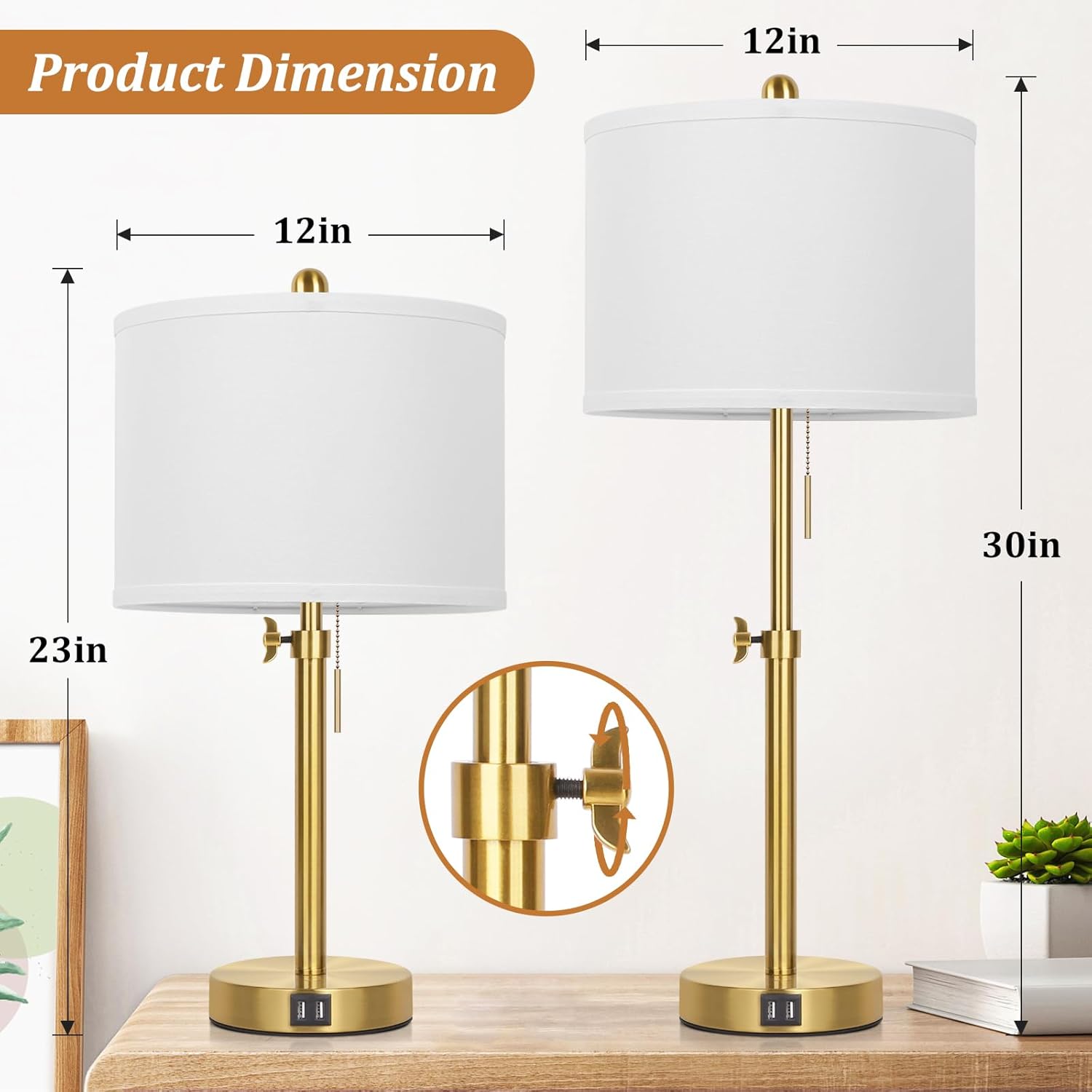 Kondras Table Lamp Set of 2, Bedside Lamp with 2 USB Ports, Gold Tall Table Lamp for Living Room End Tables, 23" to 30" Height Adjustable…