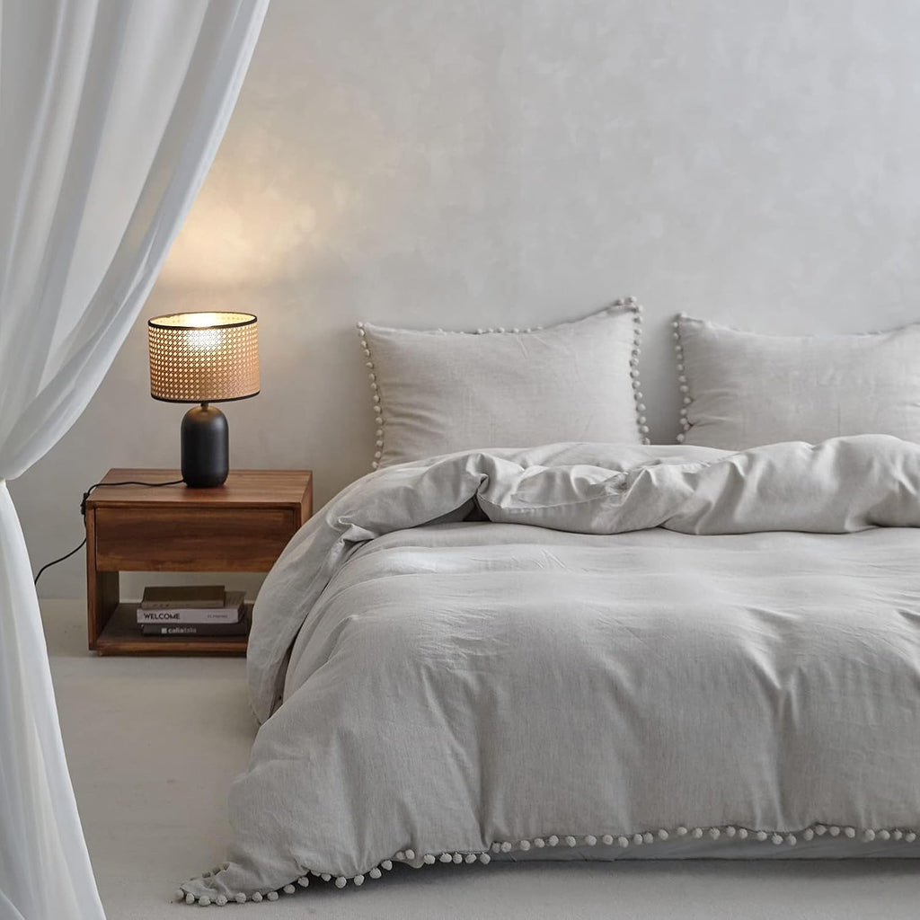 Simple&Opulence French Linen Blended Duvet Cover Queen, Flax Viscose Derived from Bamboo Bedding Set with Pom Pom Trim Soft Cooling for…