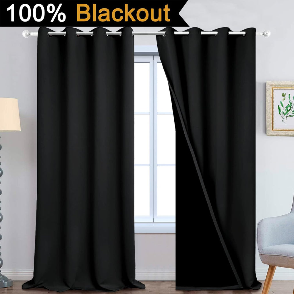 Yakamok 100% Blackout Lined Panels, Room Darkening Thermal Insulated Blackout Curtains for Bedroom, Heat Blocking Drapes for Living Room(52…