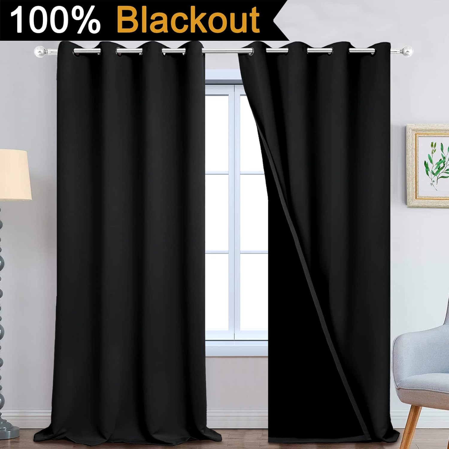 Yakamok 100% Blackout Lined Panels, Room Darkening Thermal Insulated Blackout Curtains for Bedroom, Heat Blocking Drapes for Living Room(52…