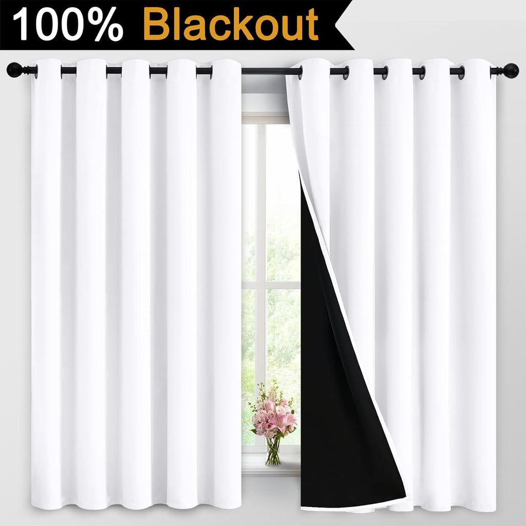 Yakamok 2 Thick Layers Pure White 100% Completely Blackout Curtains Thermal Insulated Room Darkening Drapes for Bedroom(62Wx63L, Pure White…