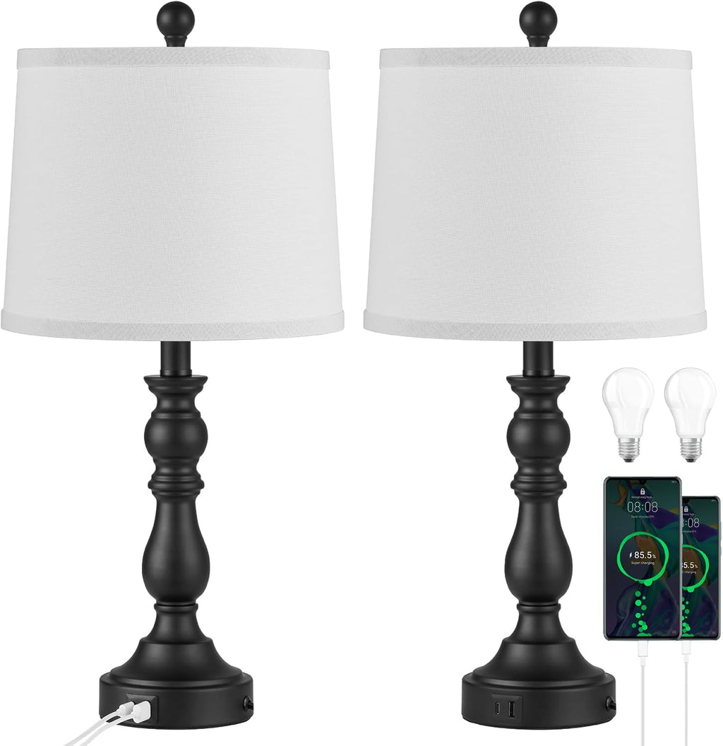 Farmhouse Side Table Lamps for Living Room Set of 2 with USB C+A Ports, Bedside Lamp for Bedroom, Dining Room Decor, Office, End Table…
