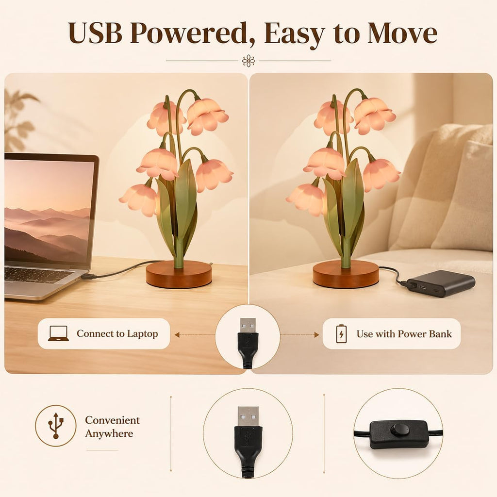 Flower Table Lamp for Bedroom, Cute Reading Light with 5 Pink Tulip Flower of The Valley, Desk Lamp Bedside Lamps for Nightstands Home…