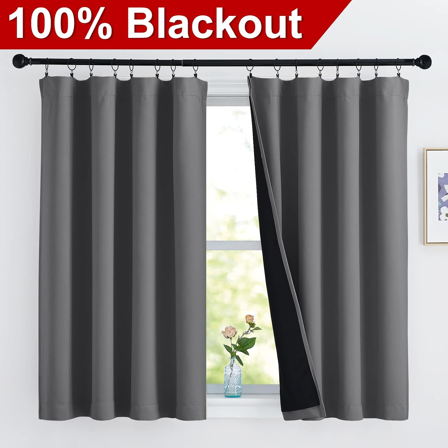 Nicetown 100% Blackout Curtains with Black Liners, Thermal Insulated Rod Pocket Full Blackout 2-Layer Lined Drapes, Noise Reducing Window D…