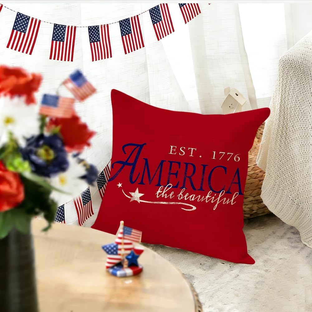 Rabusofa 4th of July Patriotic Signs Throw Pillow Covers 20x20 Inch, Red White and Blue Memorial Day Independence Day Fourth of July Outdoor…