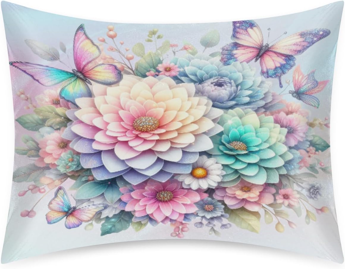 Satin Pillowcase for Hair and Skin Color Butterfly Flower Soft Silk Pillow Case with Envelope Closure Cooling Pillow Cases Slip Standard…