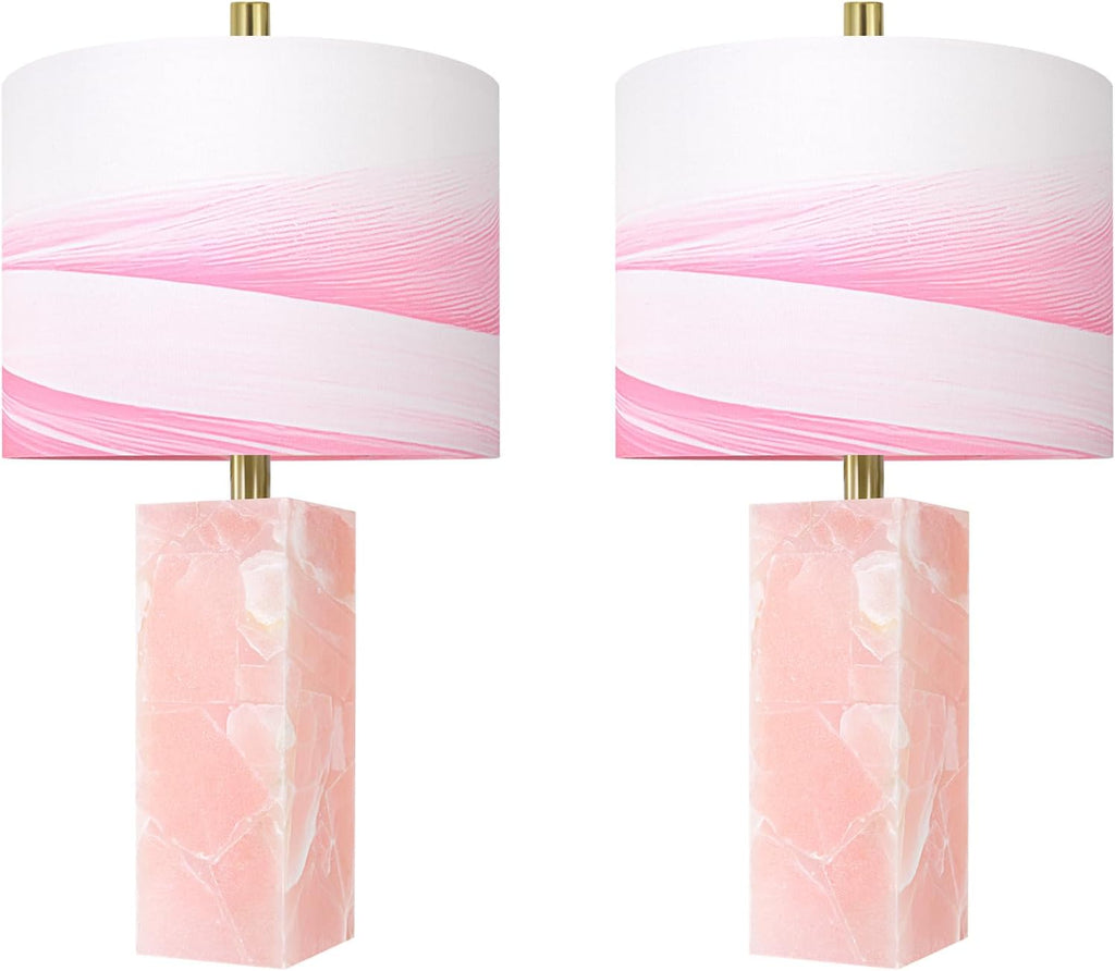 Scenekoy 23" Alabaster Table Lamp Set of 2 with Night Light for Bedroom Living Room, Rotary Switch, Pink Modern Table Lamp with Linen…