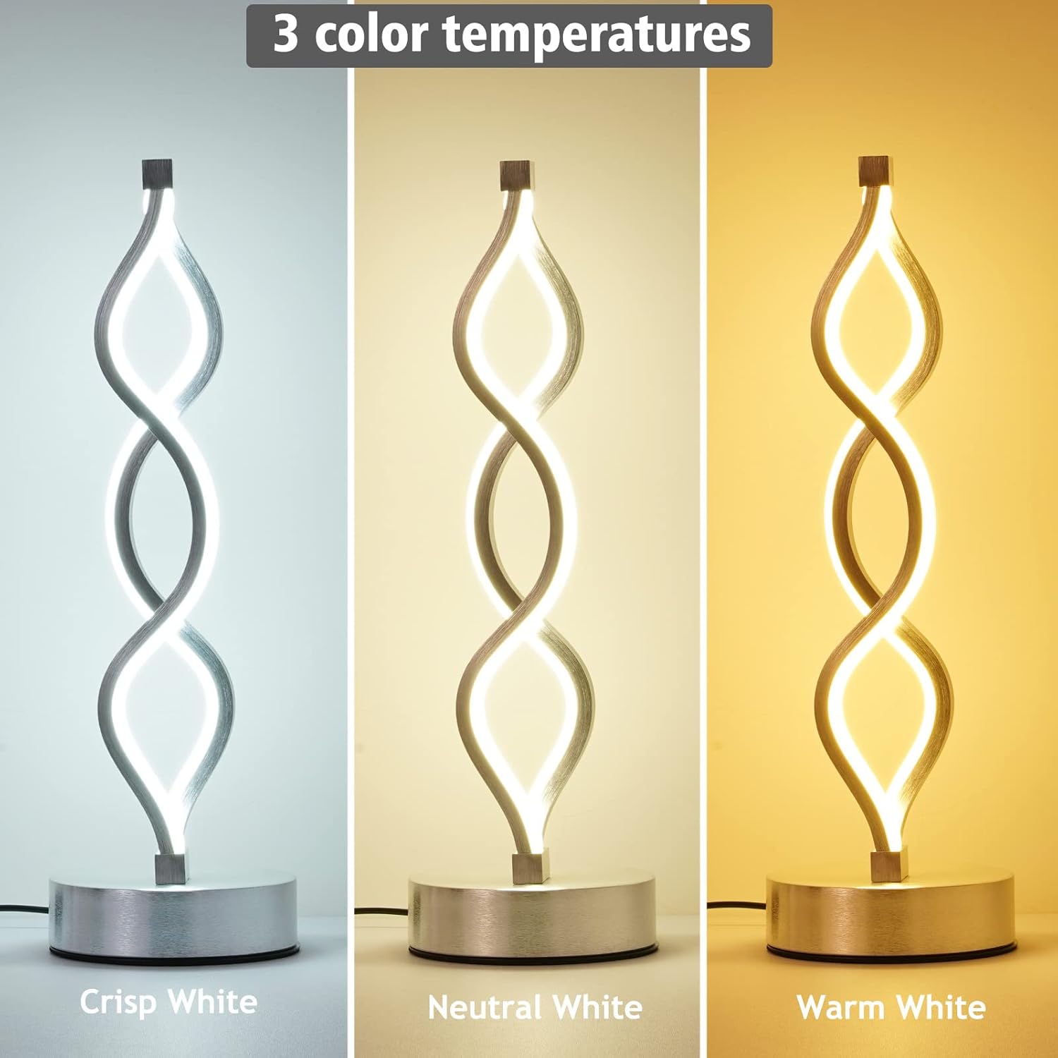 NUÜR Infinity Spiral LED Table Lamp Silver, Dimmable Metallic Bedside Lamp with Touch Controller, 3 Colour Temperature, 15.8 Inch Height…