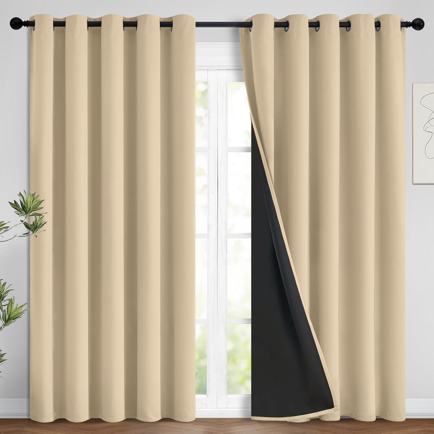Yakamok Beige 100% Blackout Curtains, Thermal Insulated Total Blackout Drapes for Bedroom, Heat Blocking Window Curtains for Living Room(62…