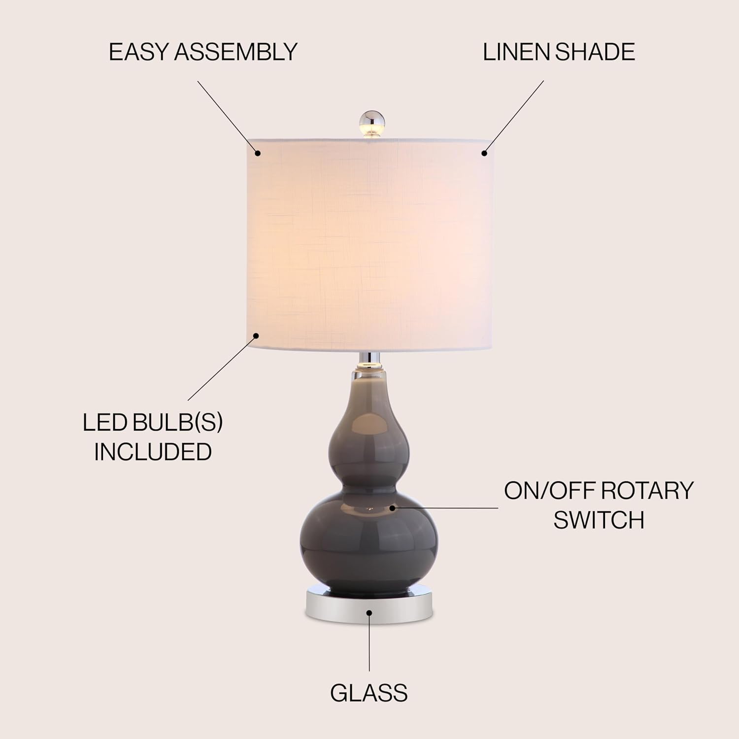 JONATHAN Y 20.5" Gray Glass Table Lamp, Modern Gourd Bedside Nightstand Lamp for Bedroom, Living Room, White Linen Shade, LED Bulb…