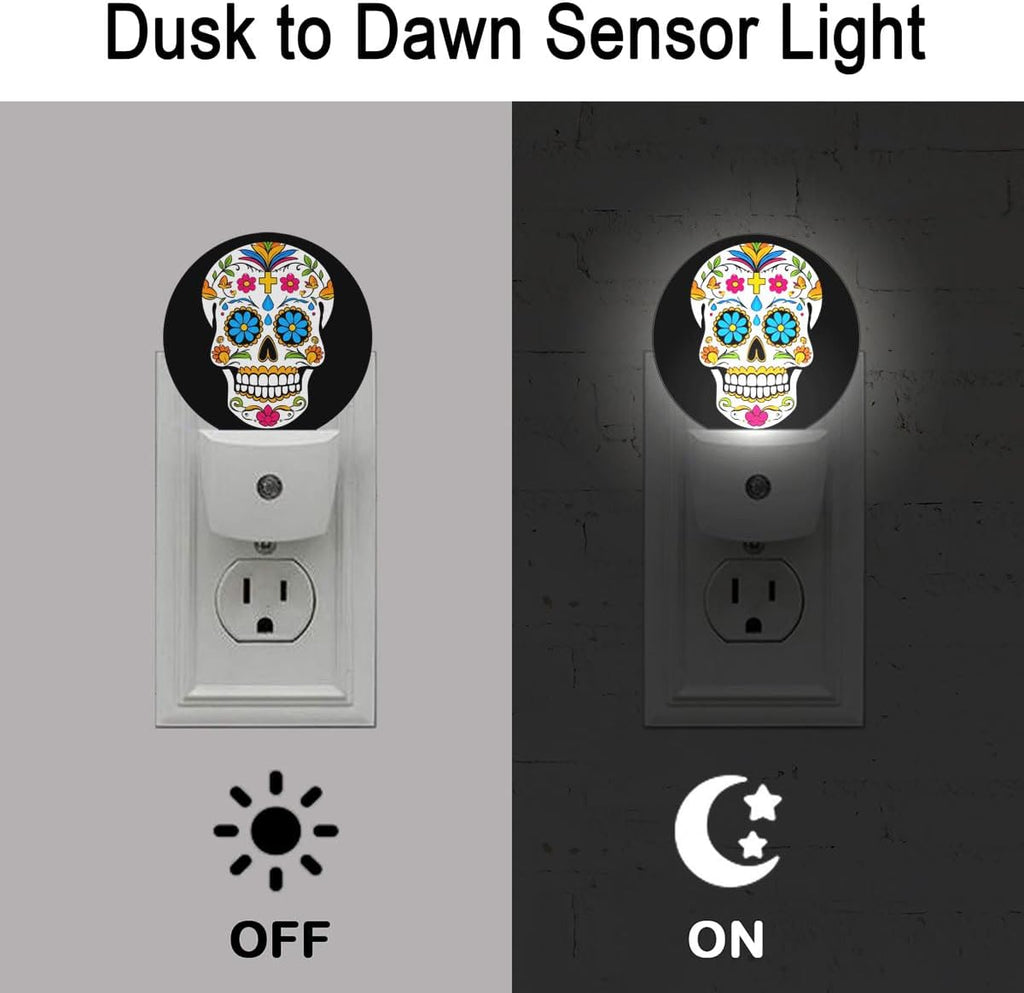 Skull Skeleton Head Halloween Dia De Los Muertos Night Light Plug Into Wall Auto Led Sleep Round Lamp for Living Room Hallway Stairs