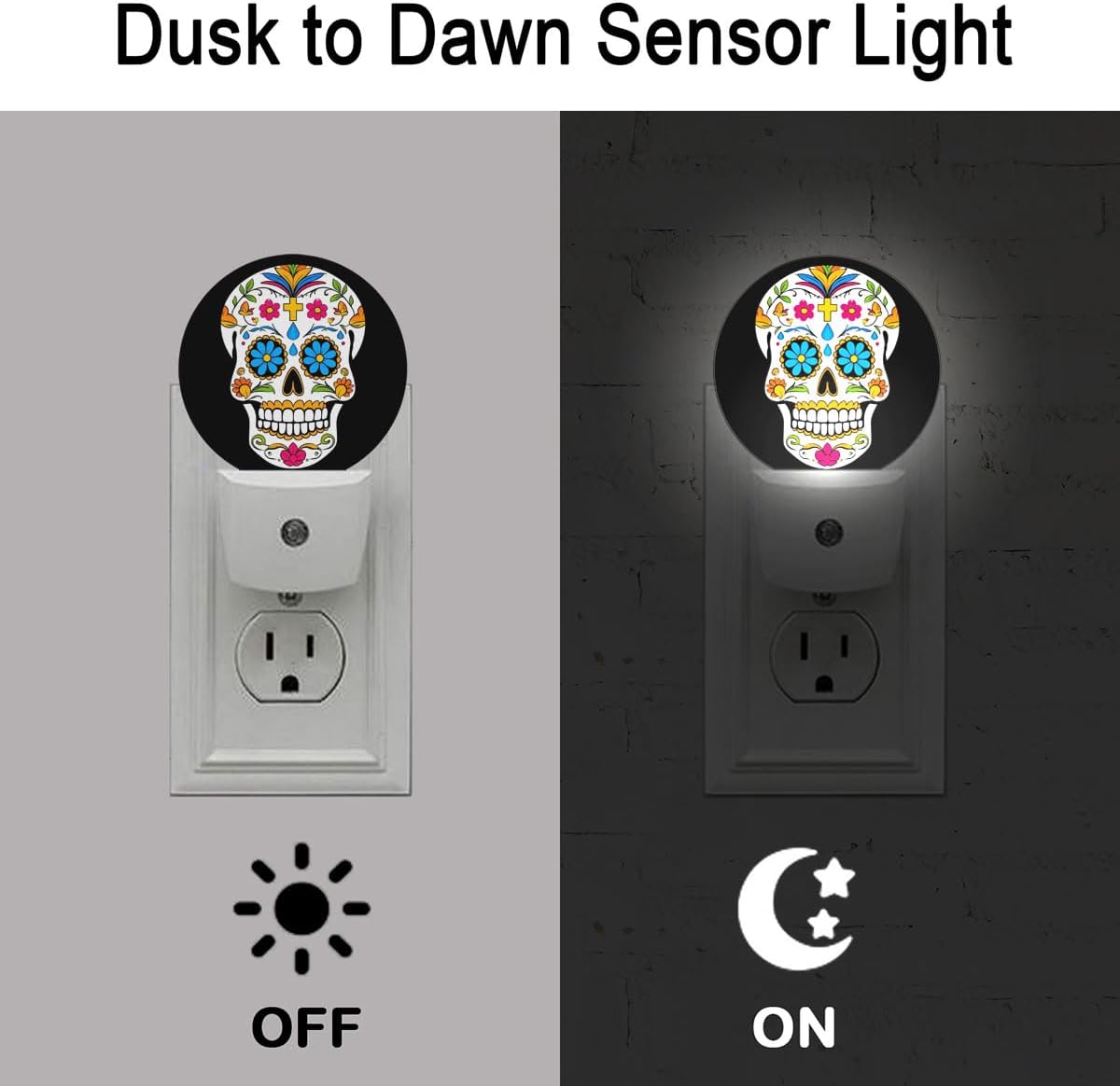 Skull Skeleton Head Halloween Dia De Los Muertos Night Light Plug Into Wall Auto Led Sleep Round Lamp for Living Room Hallway Stairs