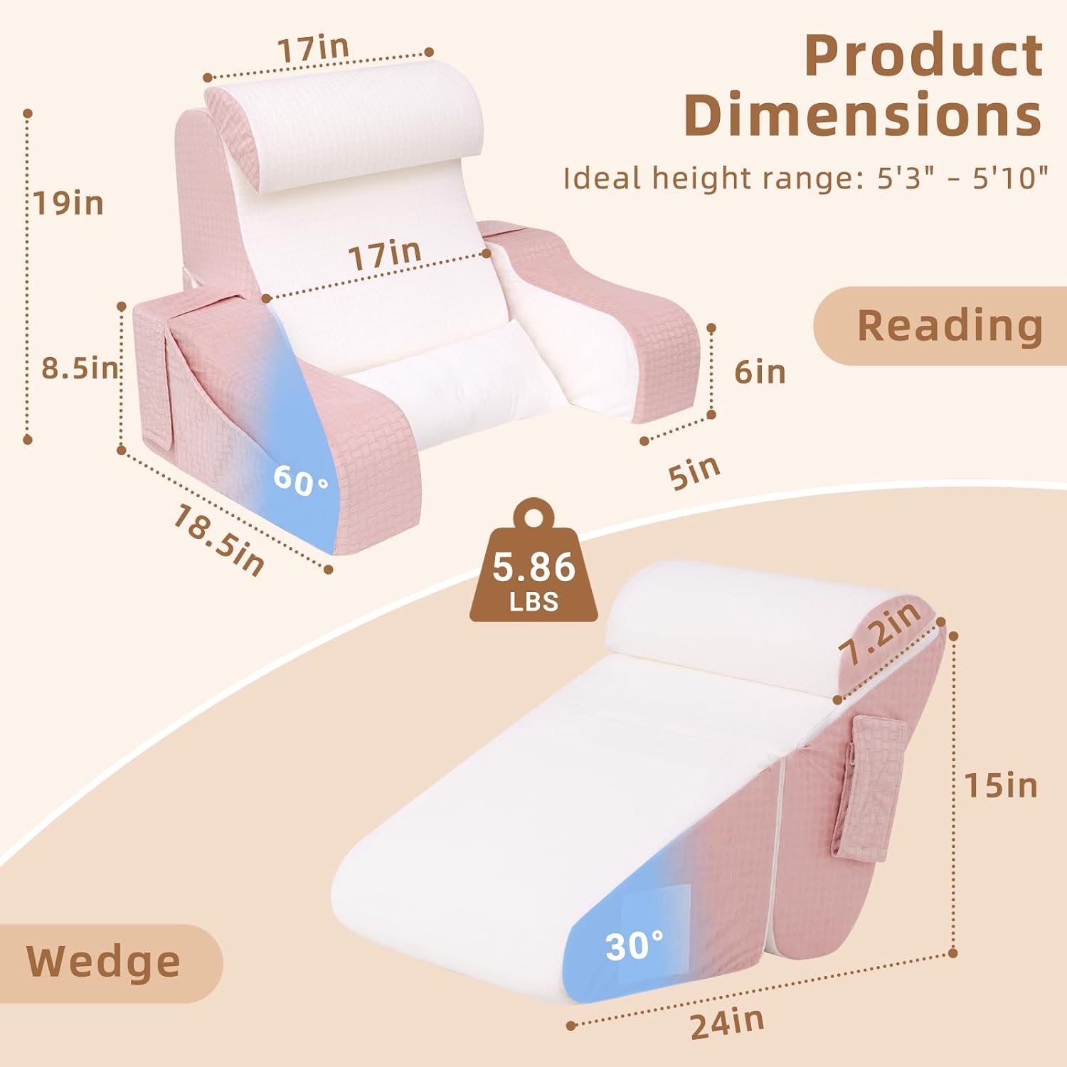 Esuerdo 5PCS Reading Pillow for Sitting in Bed Adult, 2 in 1 Foldable Back Wedge Pillow for Sleep, Ergonomic Back Support Pillow with Arms…
