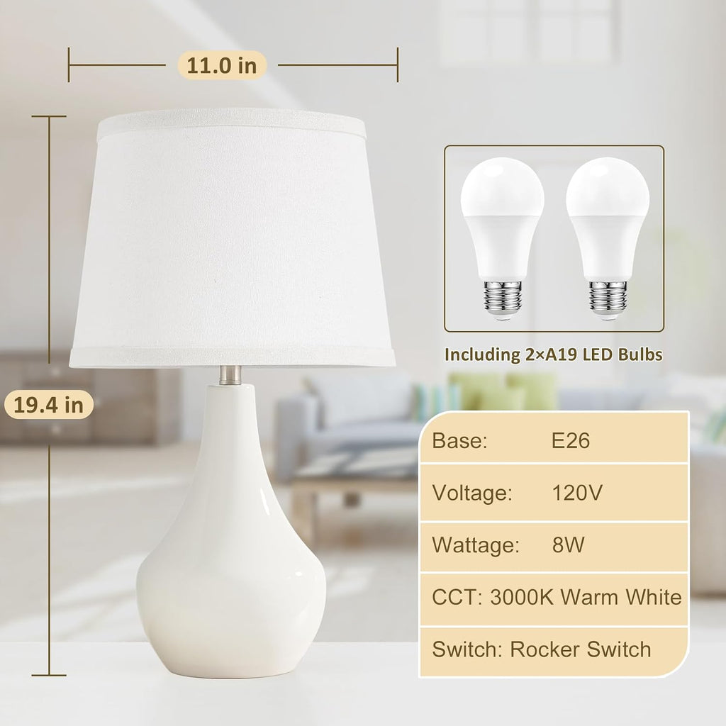 Seealle Modern Ceramic Table Lamps for Night Stands - Bedside Lamps Set of 2 for Nightstand, 19.4" White Bedroom Lamp for Living Room…