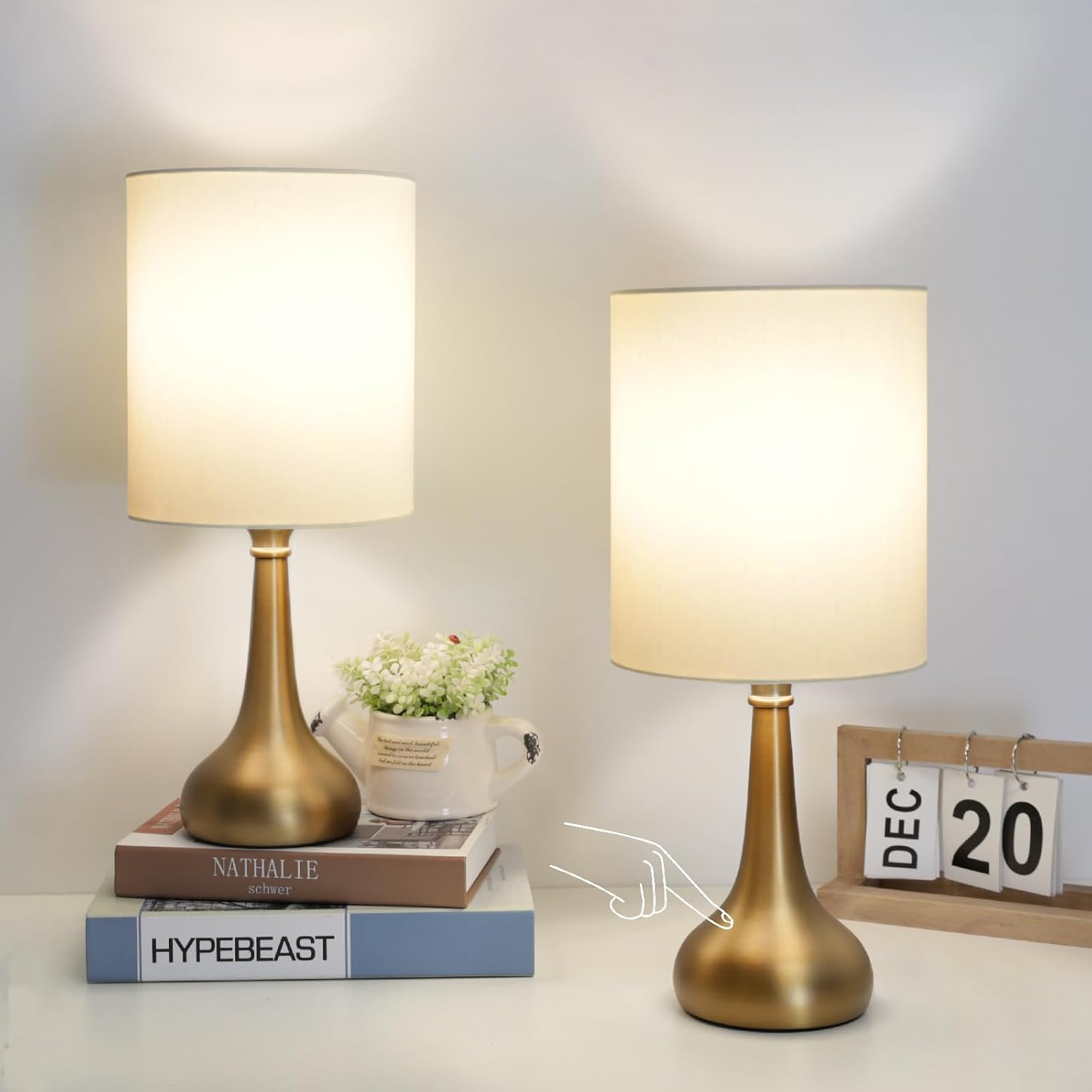 Set of 2 Bedside Touch Lamps, 16 Inch Dimmable Small Nightstand Lamp, Night Light Lamp Simple Touch Table Lamp with Brass Metal Base for…
