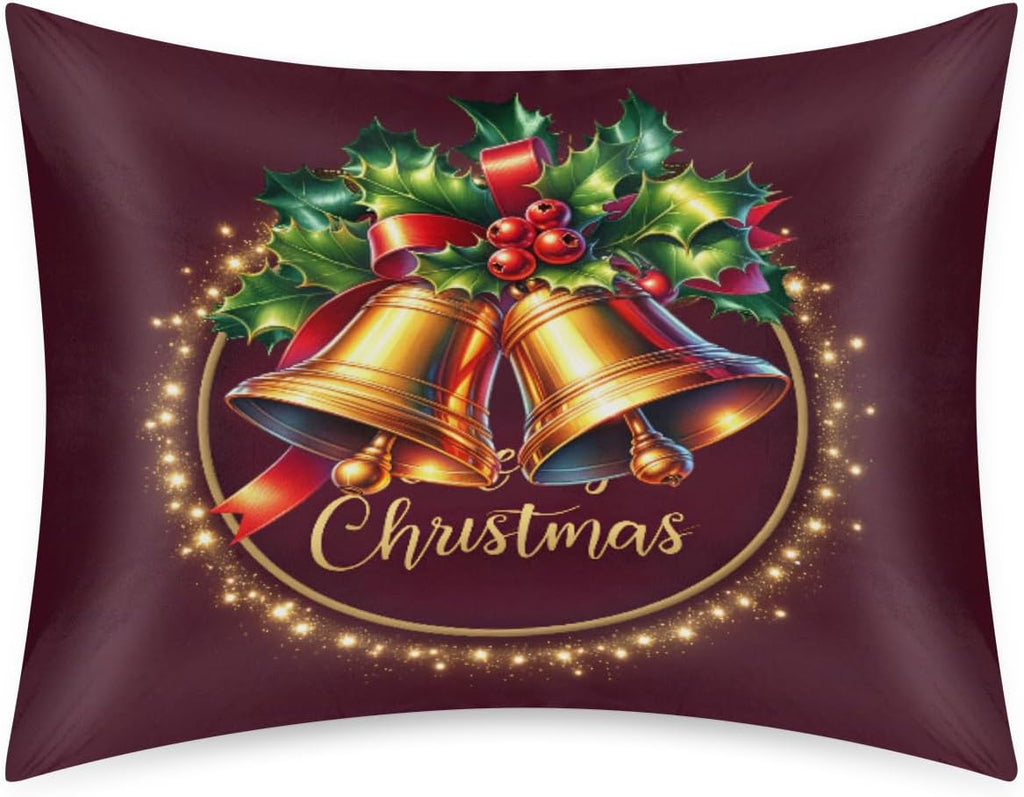 Christmas Satin Pillowcase for Hair and Skin Christmas Bell Soft Silk Pillow Case with Envelope Closure Cooling Pillow Cases Slip…