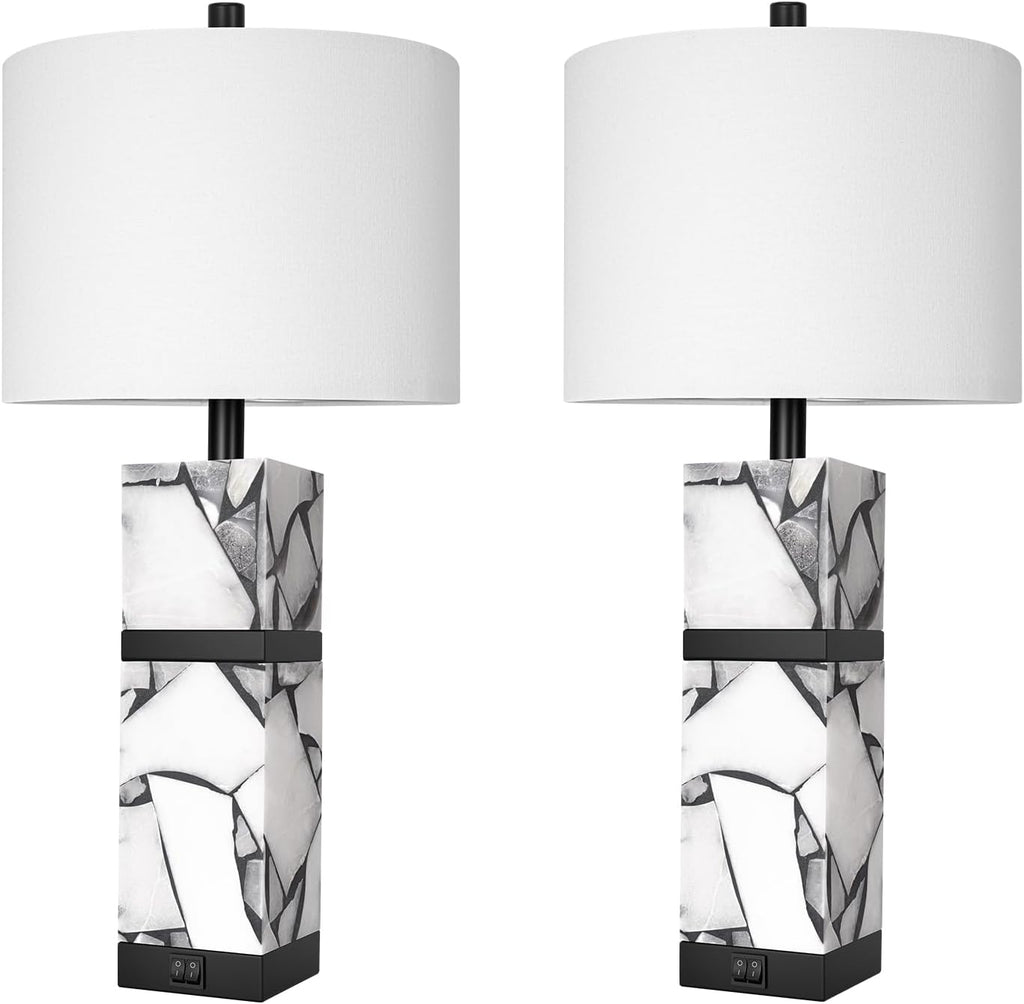 Scenekoy 27" Alabaster Table Lamps Set of 2 with Night Light for Living Room Bedroom, Nightstand Lamps with Linen Shade, Modern Bedroom…