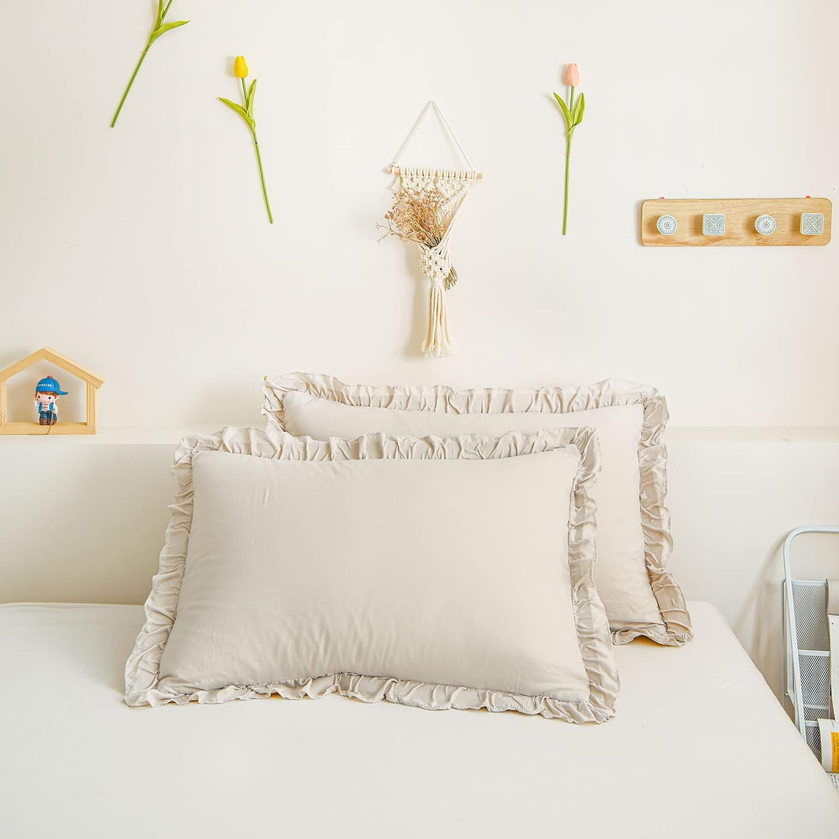 Merryword Cream King Ruffled Shams - Set of 2, Cute Solid Fringe Design, Beige Grey - Shabby Chic Pillowcases (King, 20''x36'') Grey