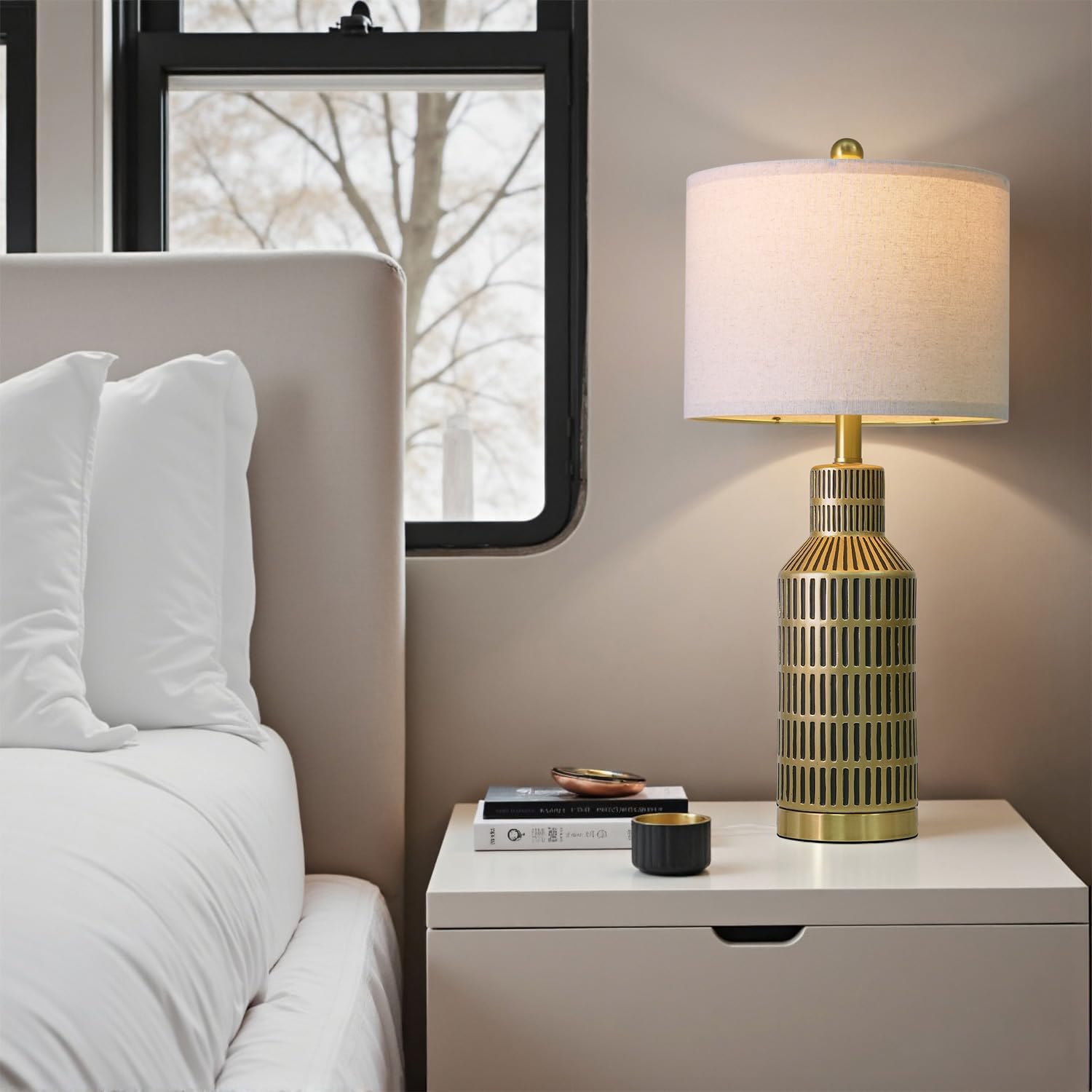 USumkky 25" Gold and Black Modern Ceramic Bedside Lamp Set of 2 for Bedroom Decor Farmhouse Table Lamp for Living Room Office Dorm