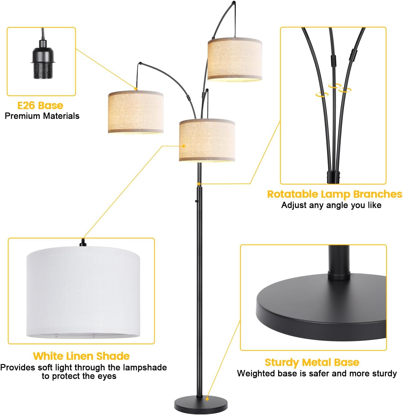 Dimmable Floor Lamp - 3 Lights Arc Floor Lamps for Living Room, 1000LM Modern Tall Standing Lamp with White Shades & Heavy Base, Mid…