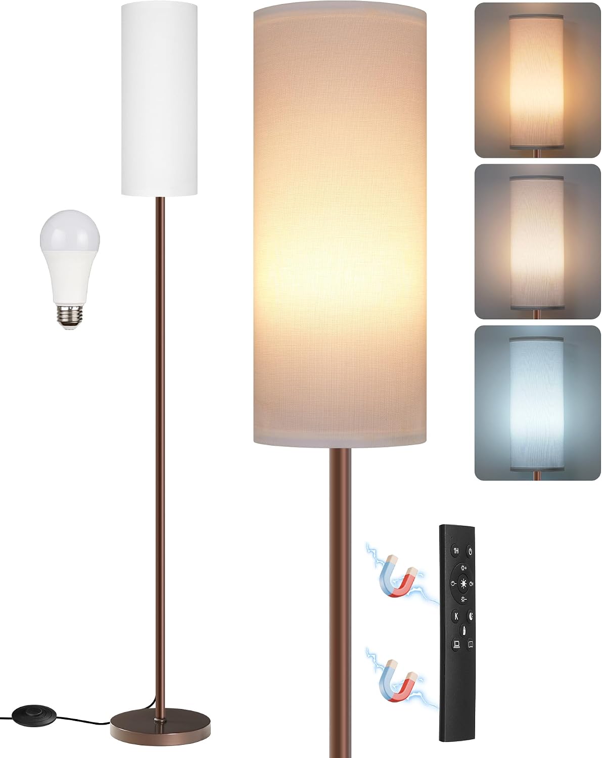 Dimmable Floor Lamps for Living Room with Remote and Foot Switch, 64.4” Modern Standing Tall Lamp, Corner Lamp for Bedroom, Bulb…
