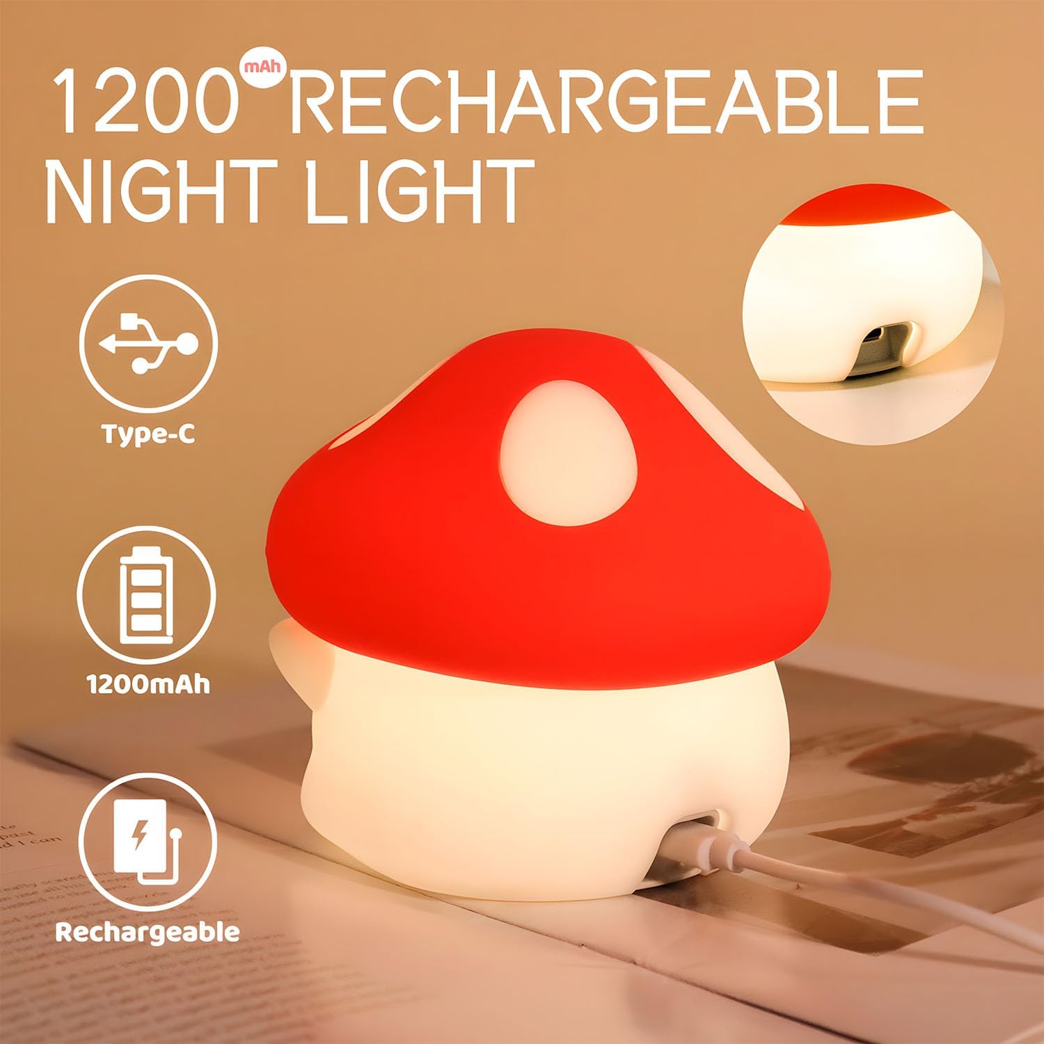 Daixinde Mushroom Night Light Color Changing, 50Hrs Mushroom Lamp, Tap Control 2 Brightness & Timer, Rechargeable Squishy Night Lamp for Ki…