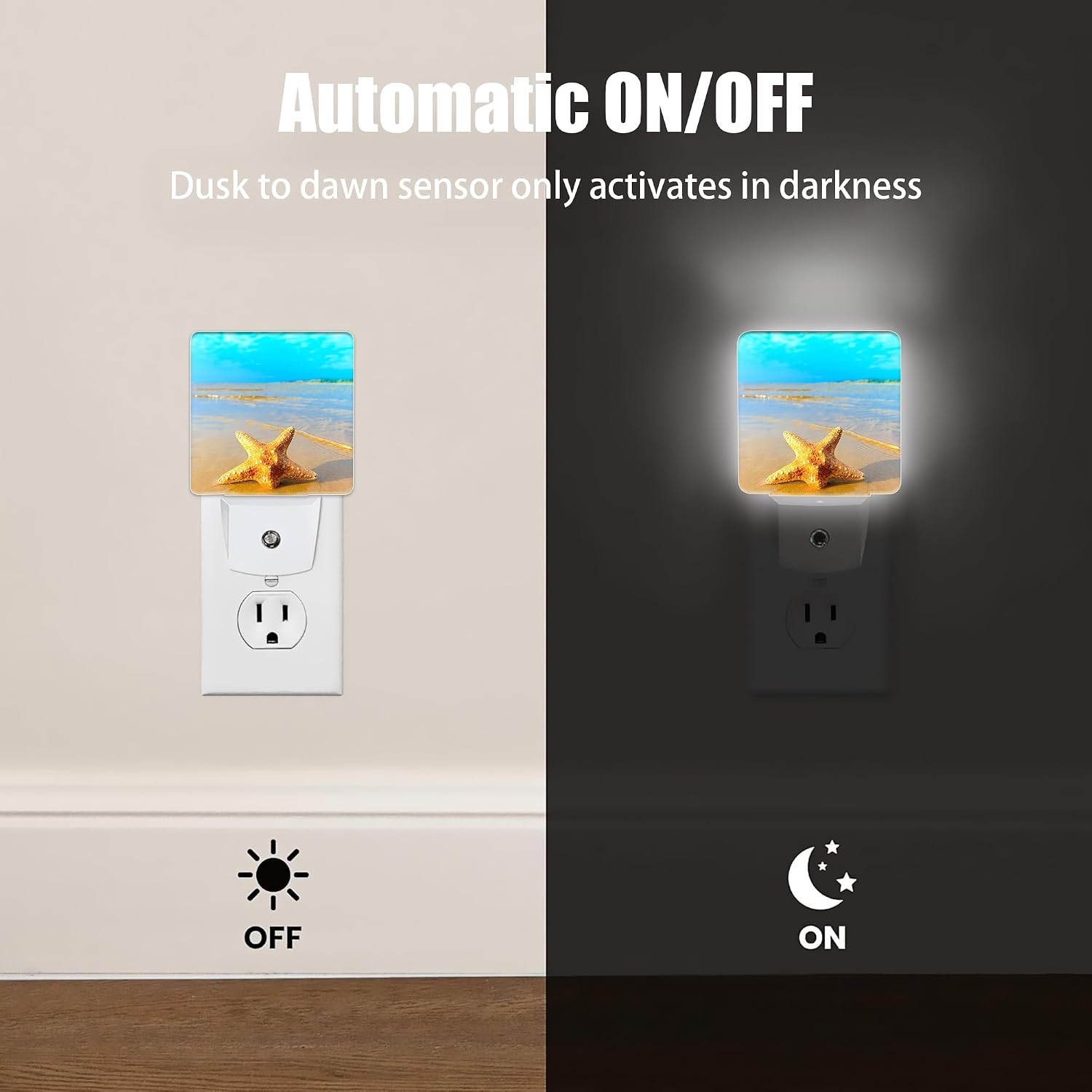 Yellow Starfish on Beach Night Light, Dusk to Dawn Smart Sensor Nightlight for Bedroom Bathroom Kitchen Hallway Stairs Hallway, Plug-in…