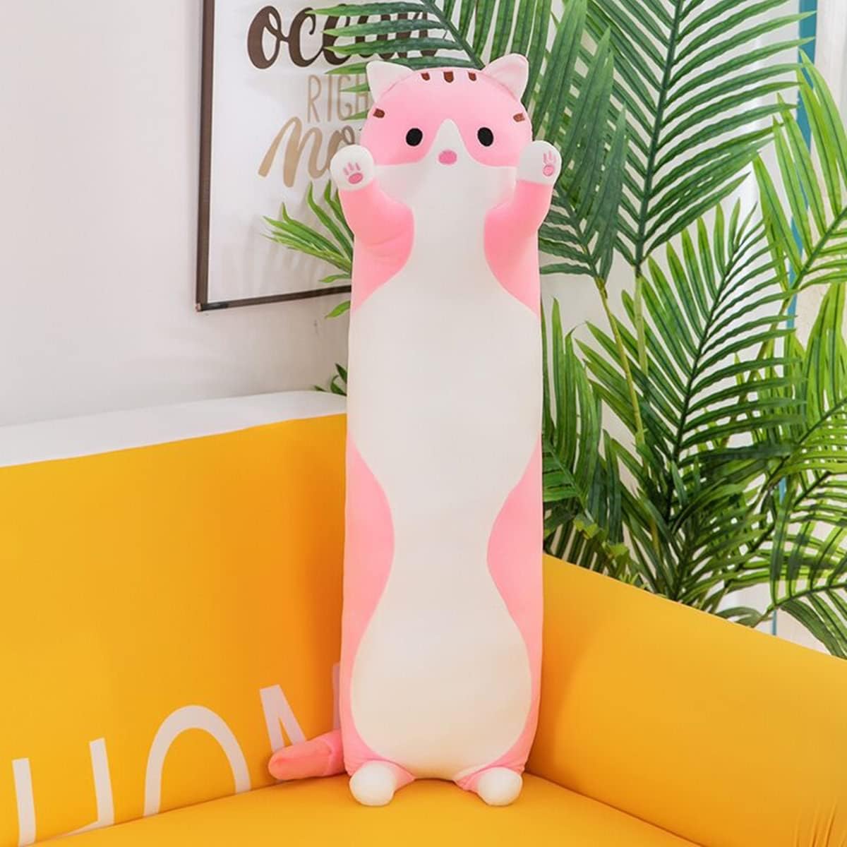 Rexinc Long Pink Cat Plush Pillow Toy Sleeping Pillow Cute Cartoon Cat Stuffed Animals Soft Long Body Pillow Gift for Kids(35.43in)
