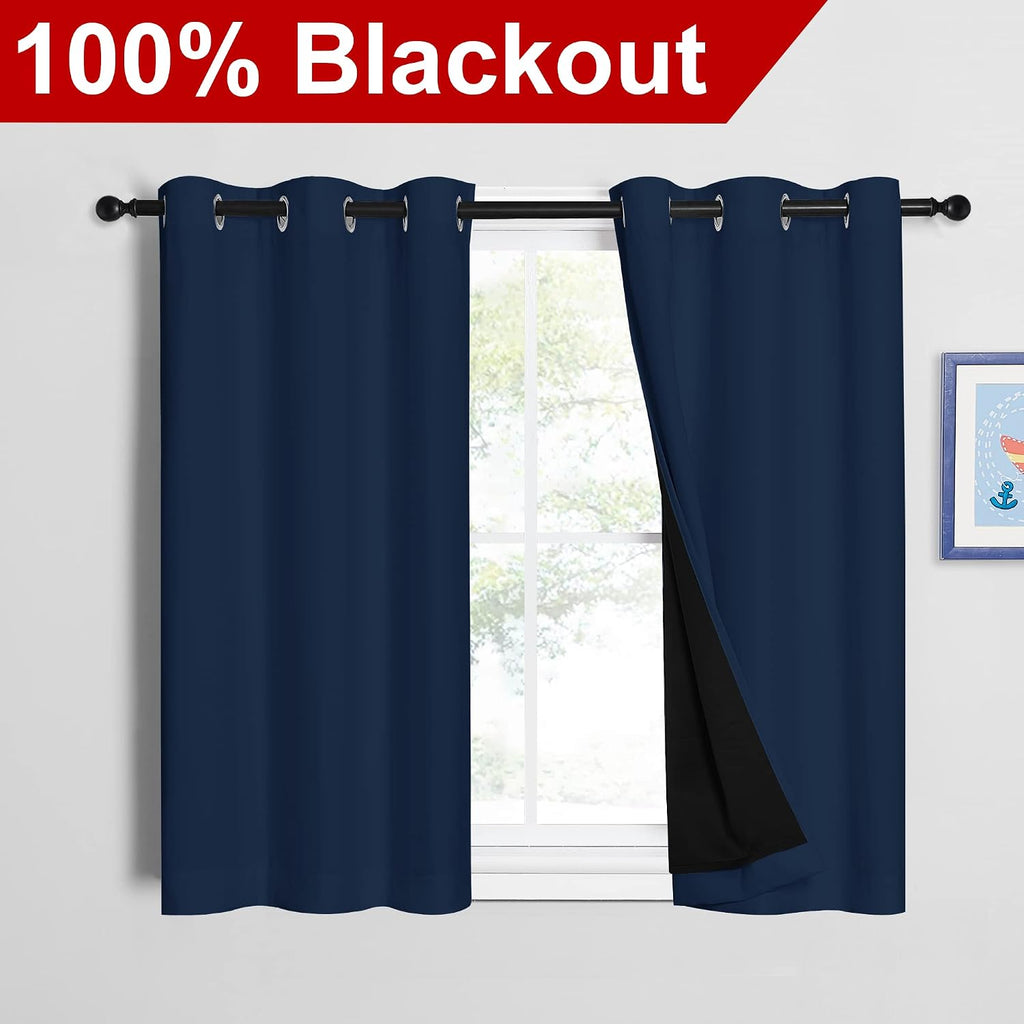 Nicetown Navy 100% Blackout Curtains 45 inch Long 2 Panels Set, Thermal Insulated 2-Layer Lined Drapes, Energy Efficiency Small Window Drap…