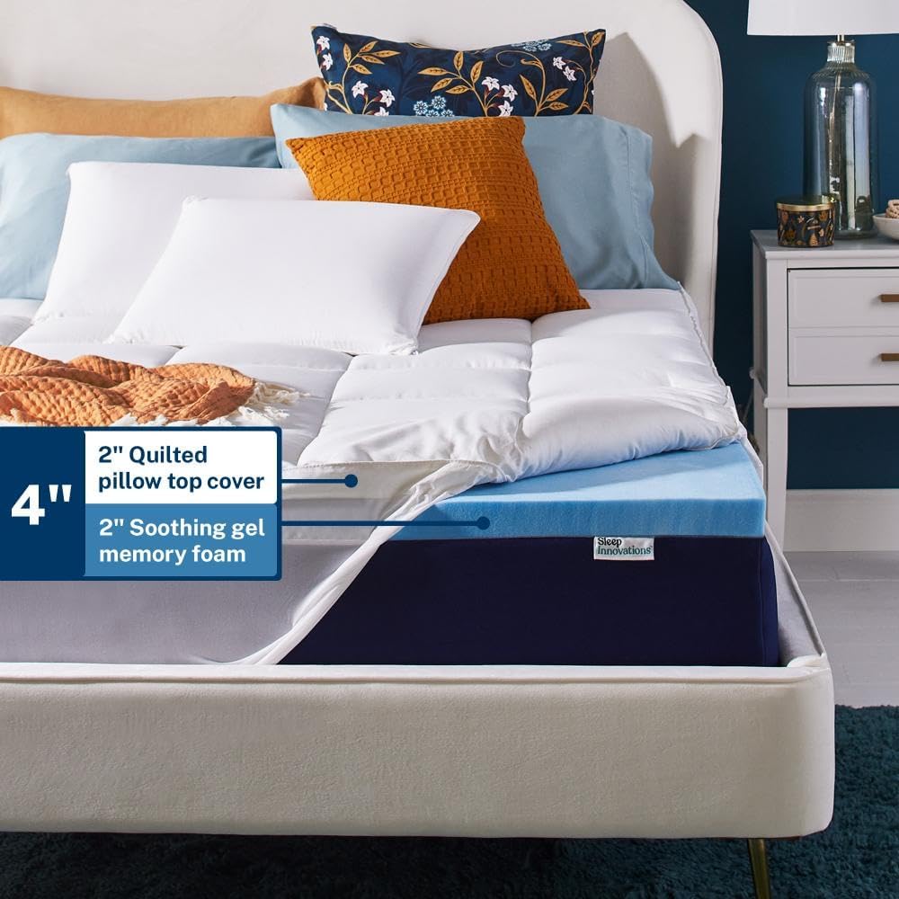 Sleep Innovations Dual Layer 4 Inch Memory Foam Mattress Topper, Full Size, Medium Support, 2 Inch Cooling Gel Memory Foam Plus 2 Inch…