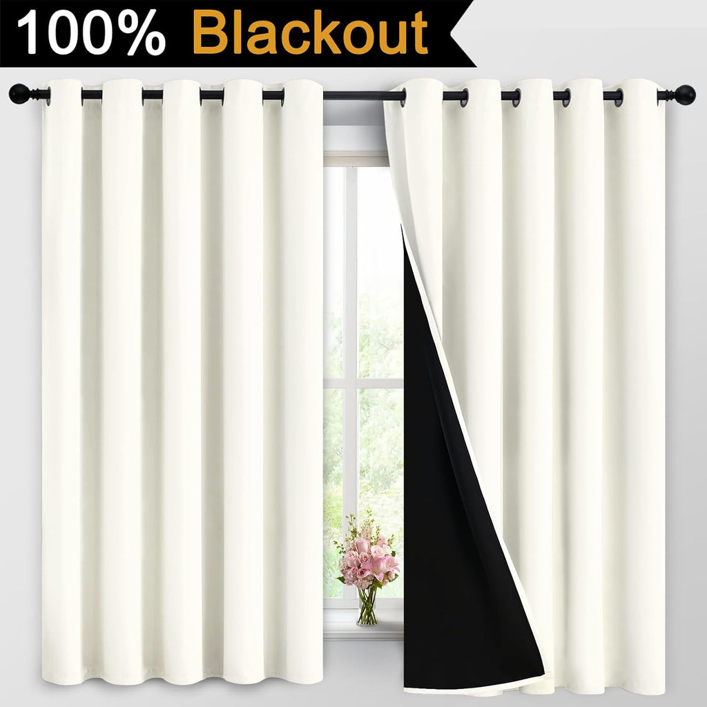 Yakamok 100% Cream Blackout Curtains for Bedroom, Light Blocking Thermal Insulated Noise Reducing Blackout Drapes for Living Room(62Wx63L,…
