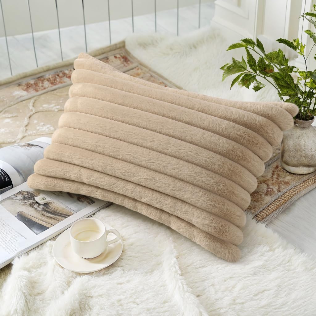 decorUhome Cozy Faux Fur Throw Pillow Covers 12x20 Set of 2 Decorative Soft Plush Striped Lumbar Modern Farmhouse Boho Couch Pillow Cases w…
