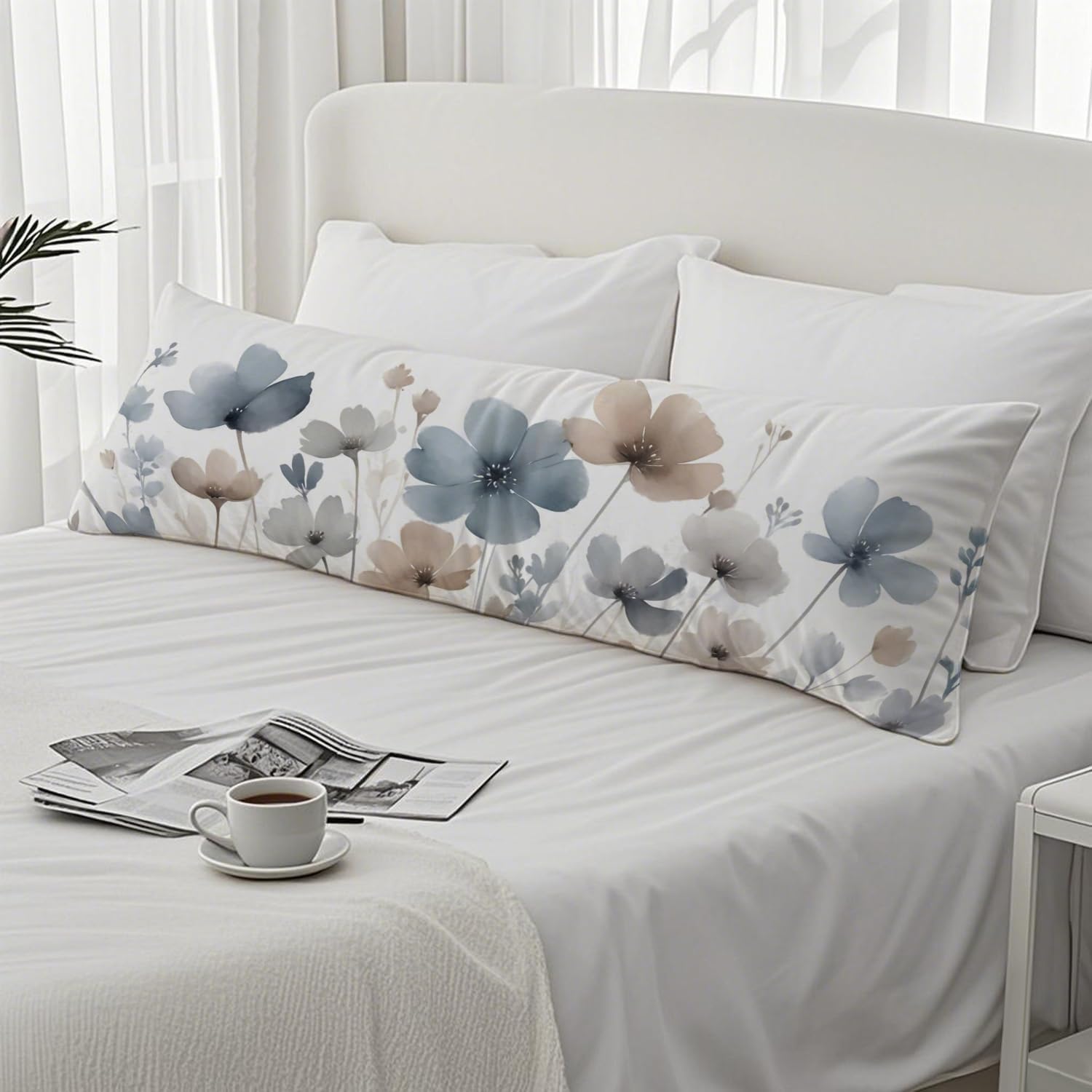 Vintage Watercolor Floral 20x54 Body Pillow Cover, Floral Room Decor, Abstract Blue Gray and White Flowers Botanical Decorative Long Body…