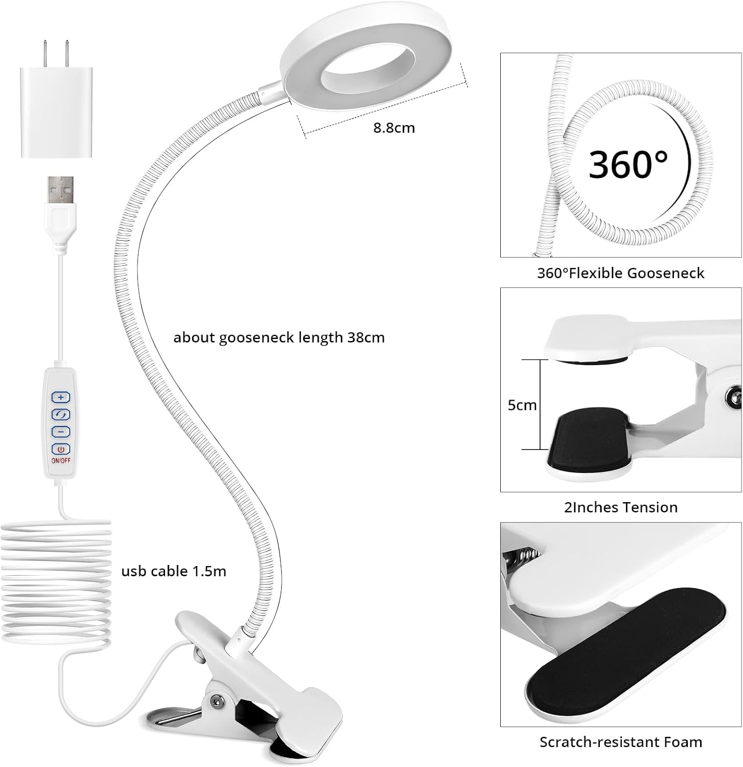 Woputne Desk Clip on Lamp for Reading Home Office, with 5V 2A Adapter, 10 Dimmable Brightness 3 Modes, Clamp Reading Light for Bed Headboar…