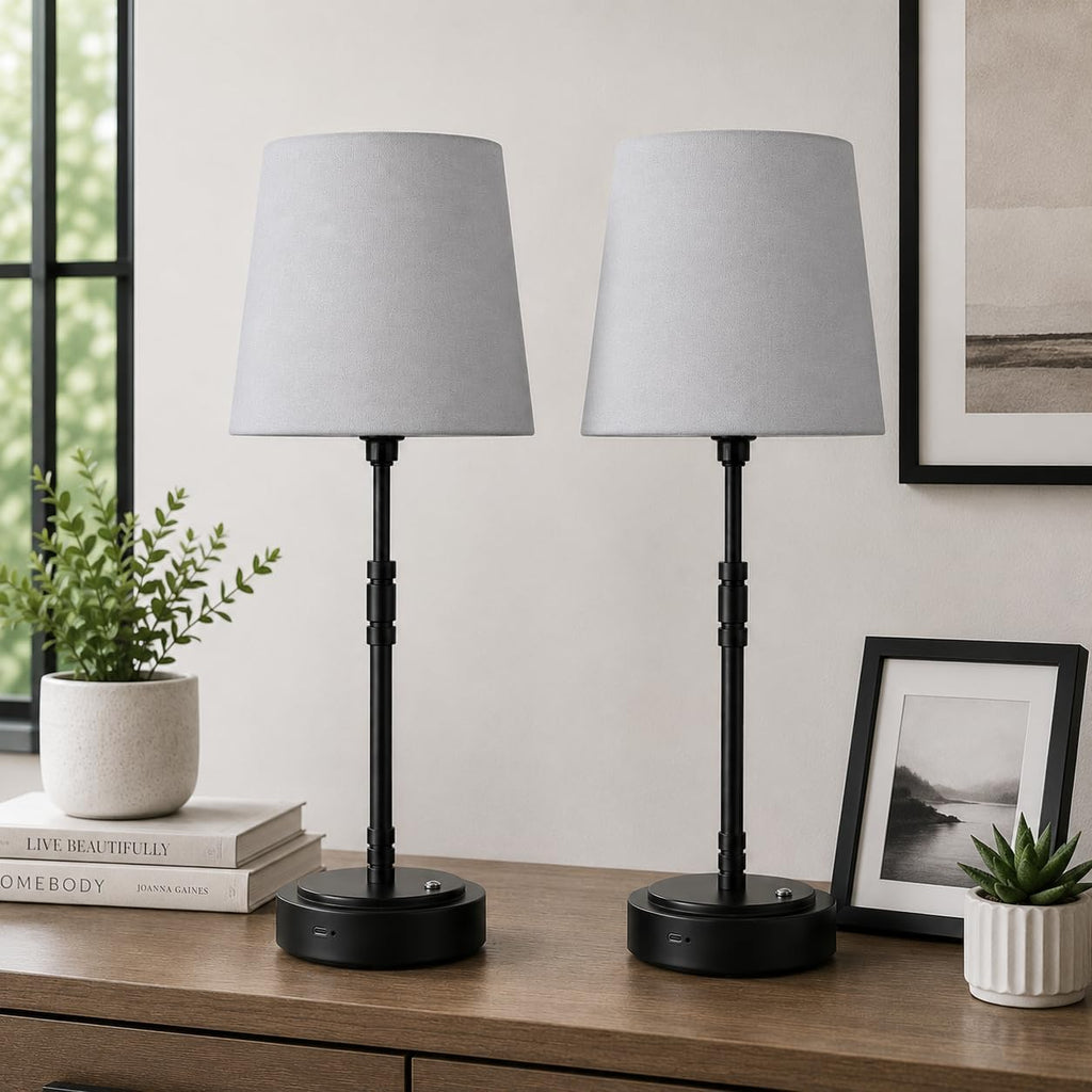 Cordless Table Lamps Set of 2 – Battery Operated Lamp with 7500mAh Rechargeable Battery, Stepless Dimmable Black Lamps with Grey Shade…