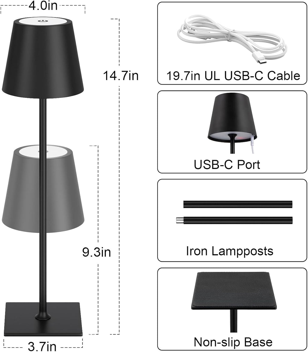 Kakanuo Cordless Rechargeable Table Lamp Black 5000mAh Battery Operated Lamps, 3 Colors Stepless Dimming Touch Lamp for Dining, Living…