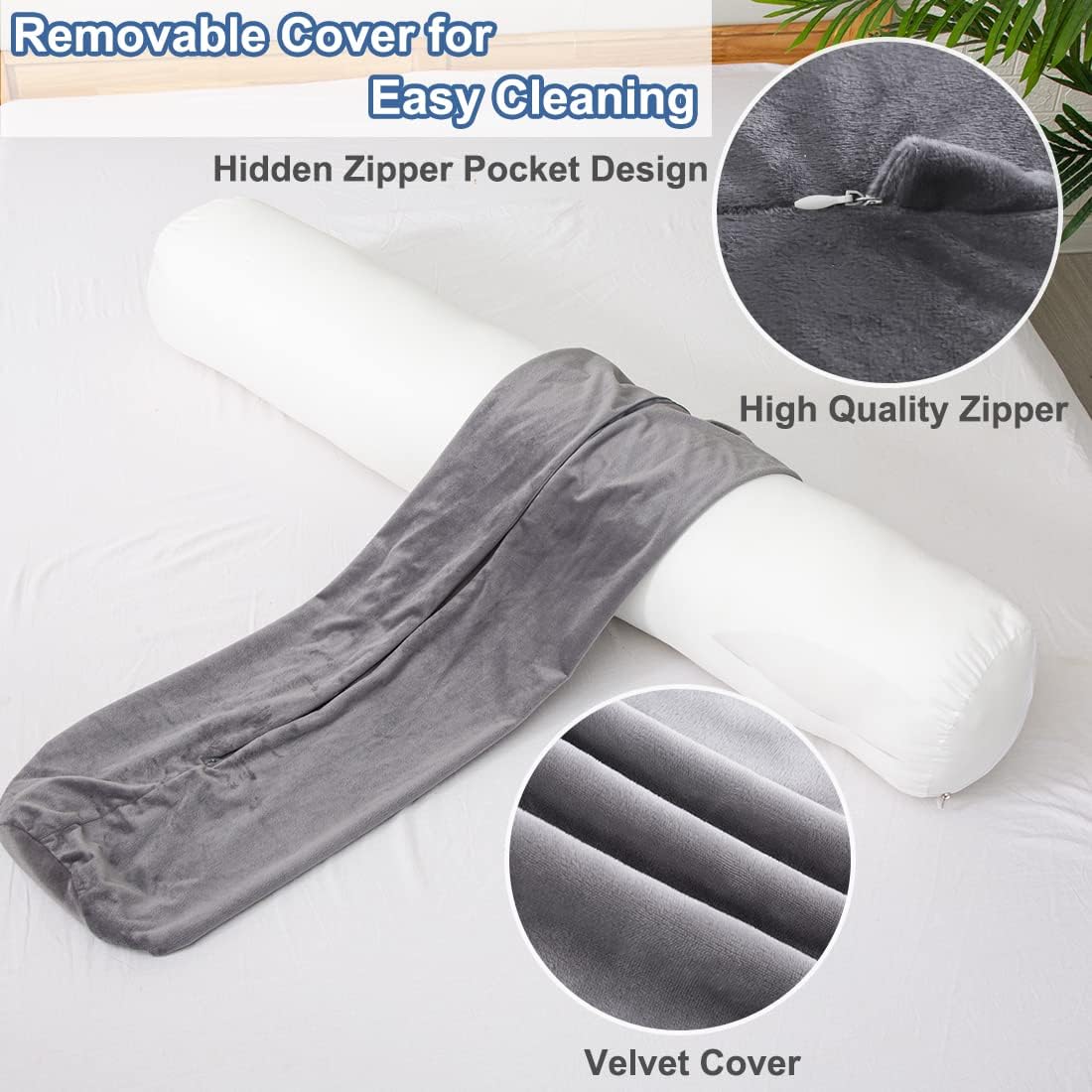 1 MIDDLE ONE Body Pillow for Adults, Bolster Pillow with Removable Velvet Cover, Long Round Cervical Roll Pillow, 47 x 7.87 Inches, Grey