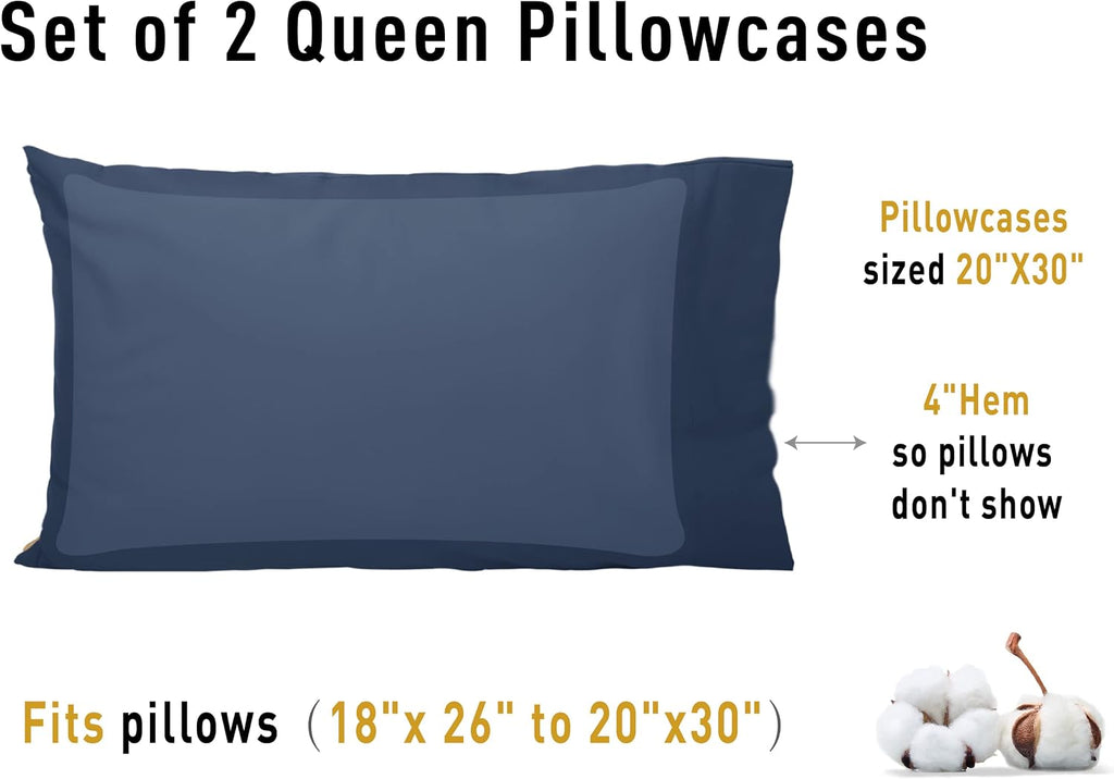 Sunflower Queen Pillowcases Set of 2, 100% Cotton Queen Size Pillow Cases 2, 20×30 inches Crown Blue, Soft and Breathable
