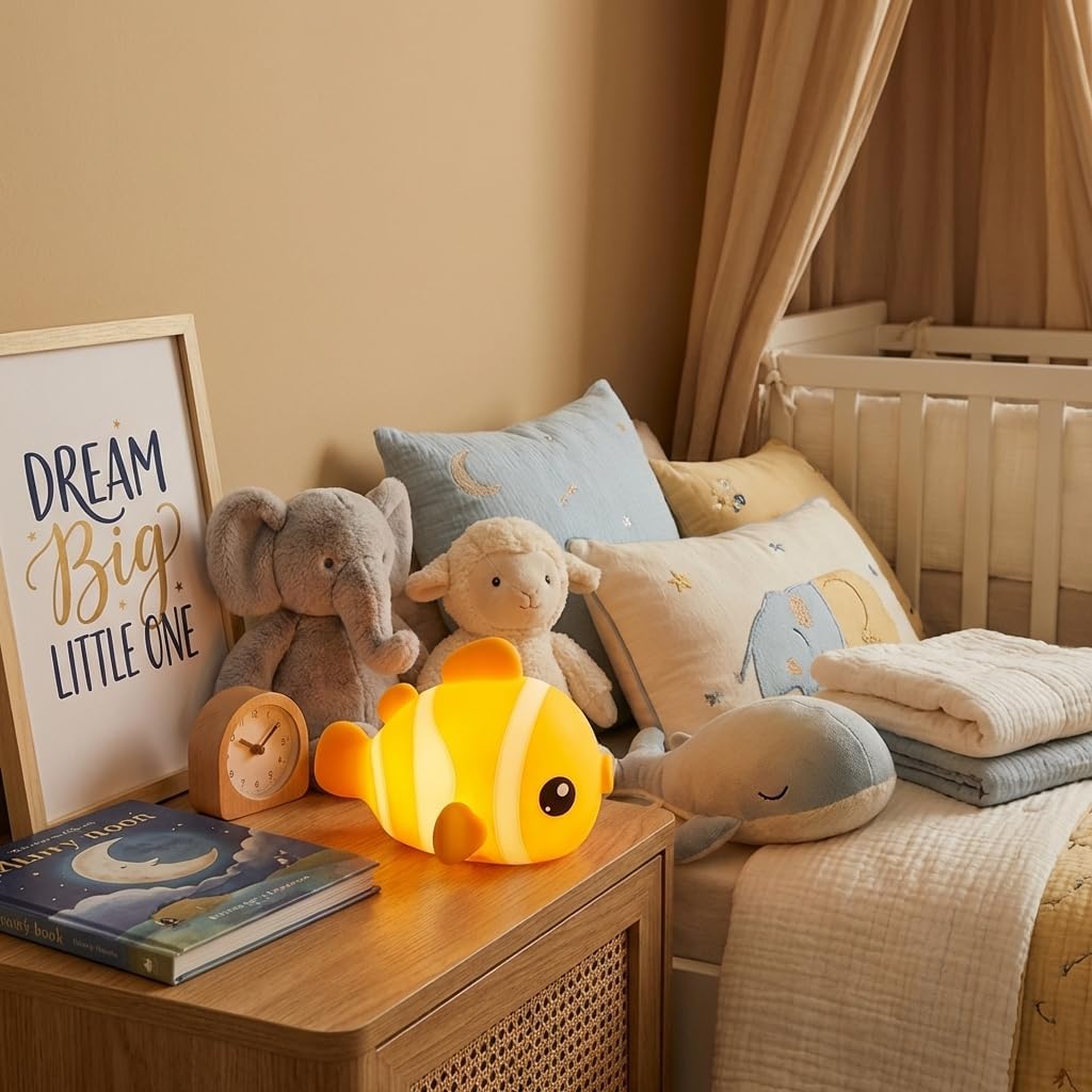 Avacom Cute Clownfish Night Light - Soft Squishy Silicone Pat Lamp with 3-Level Brightness Adjustment, Timer Function, Rechargeable Touch C…