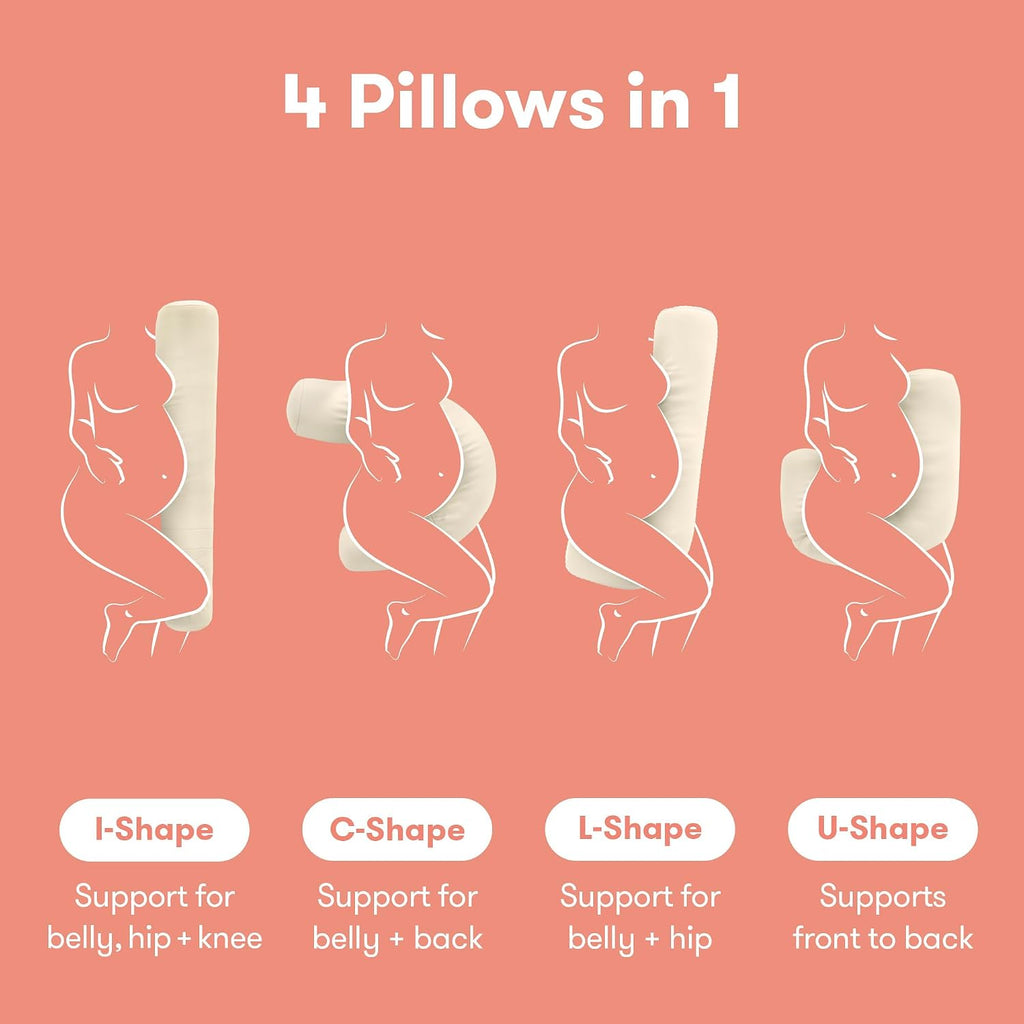 Frida Mom Compact Support 4-in-1 Pregnancy Pillow, Cooling Pregnancy Pillow, Twist & Bends into 4 Shapes for Comfort & Full Body Support, C…