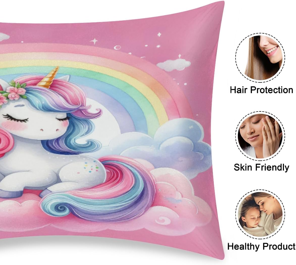 Satin Pillowcase for Hair and Skin Rainbow Pink Aniaml Unicorn Soft Silk Pillow Case with Envelope Closure Cooling Pillow Cases Slip King…