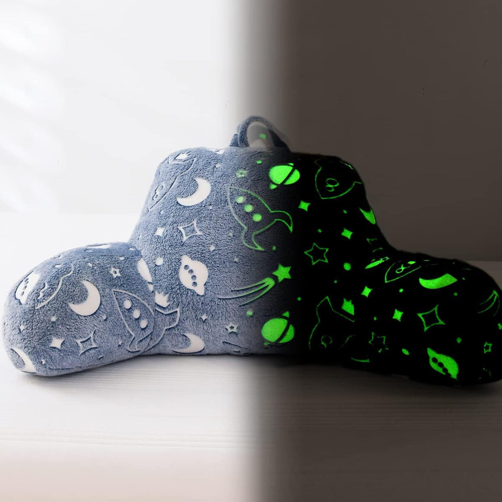 Holawakaka Glow in The Dark Reading Pillow for Sitting up in Bed Sofa Kids Teens, Space Rocket Moon Stars Backrest Pillow with Arms for…