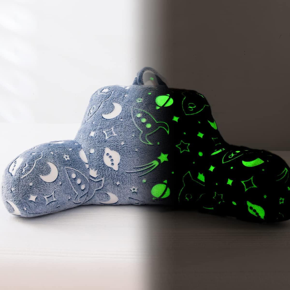 Holawakaka Glow in The Dark Reading Pillow for Sitting up in Bed Sofa Kids Teens, Space Rocket Moon Stars Backrest Pillow with Arms for…